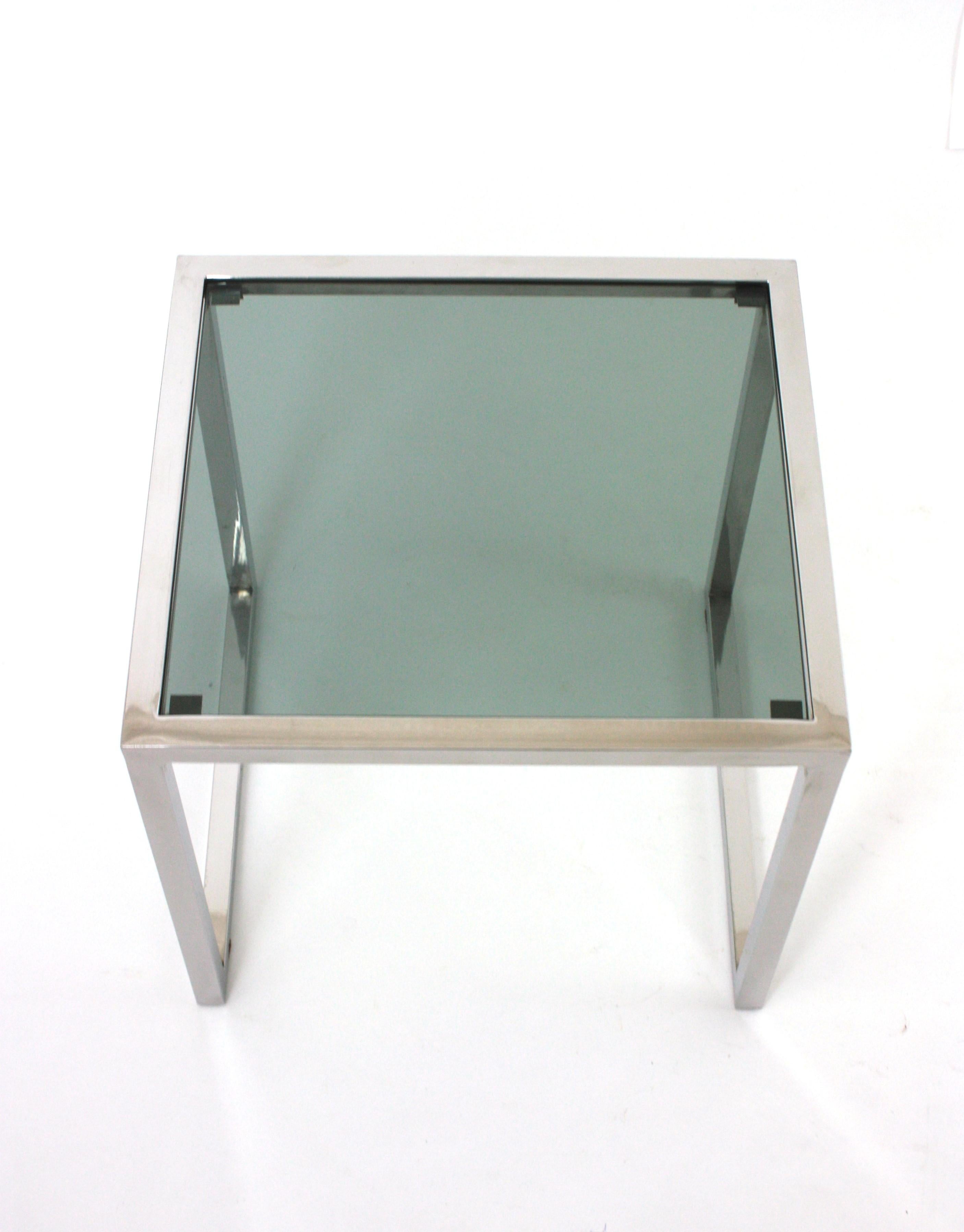 Mesa auxiliar de café italiana de acero cromado y cristal ahumado en venta 7