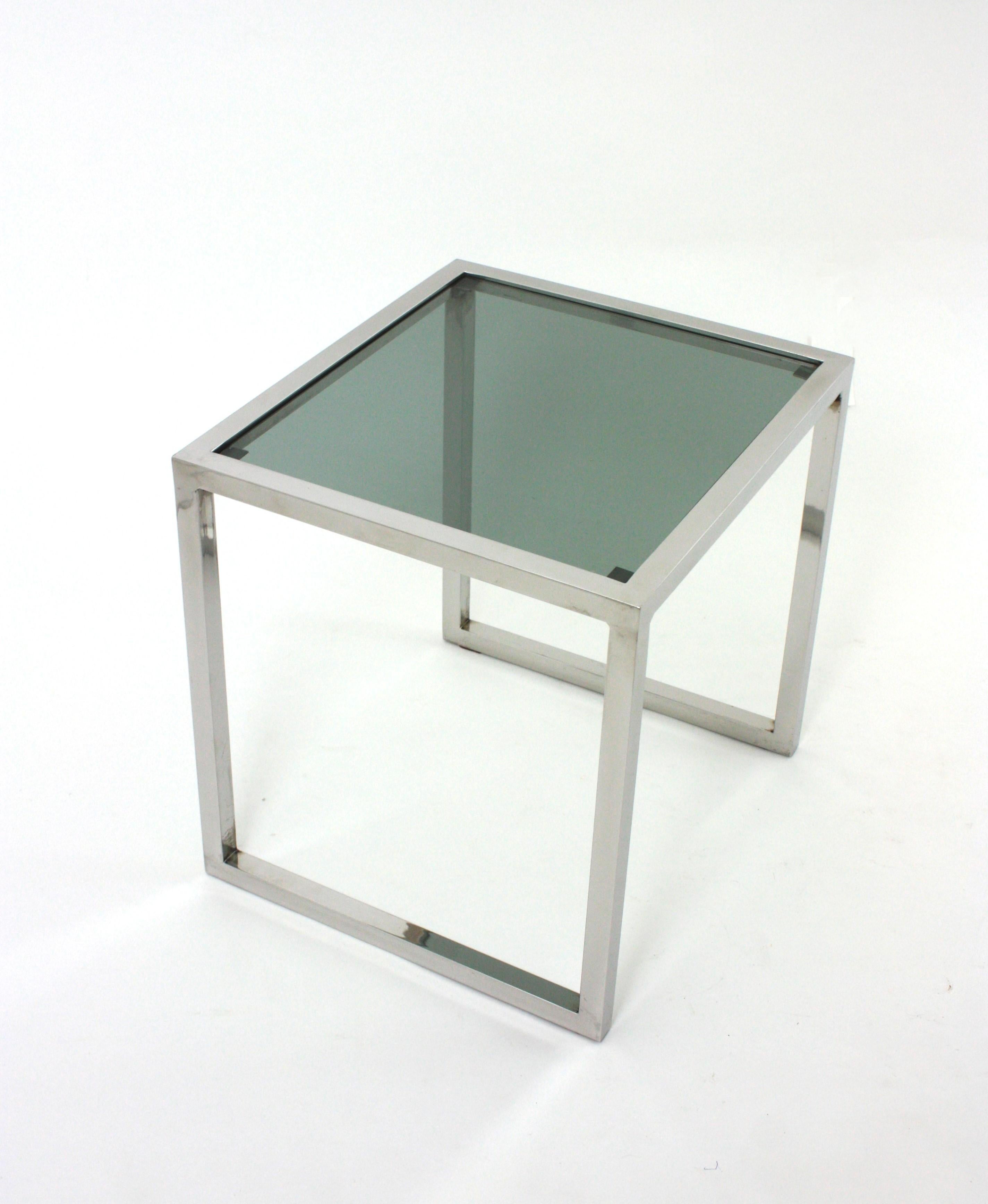 Mesa auxiliar de café italiana de acero cromado y cristal ahumado en Bueno estado para la venta en Barcelona, ES