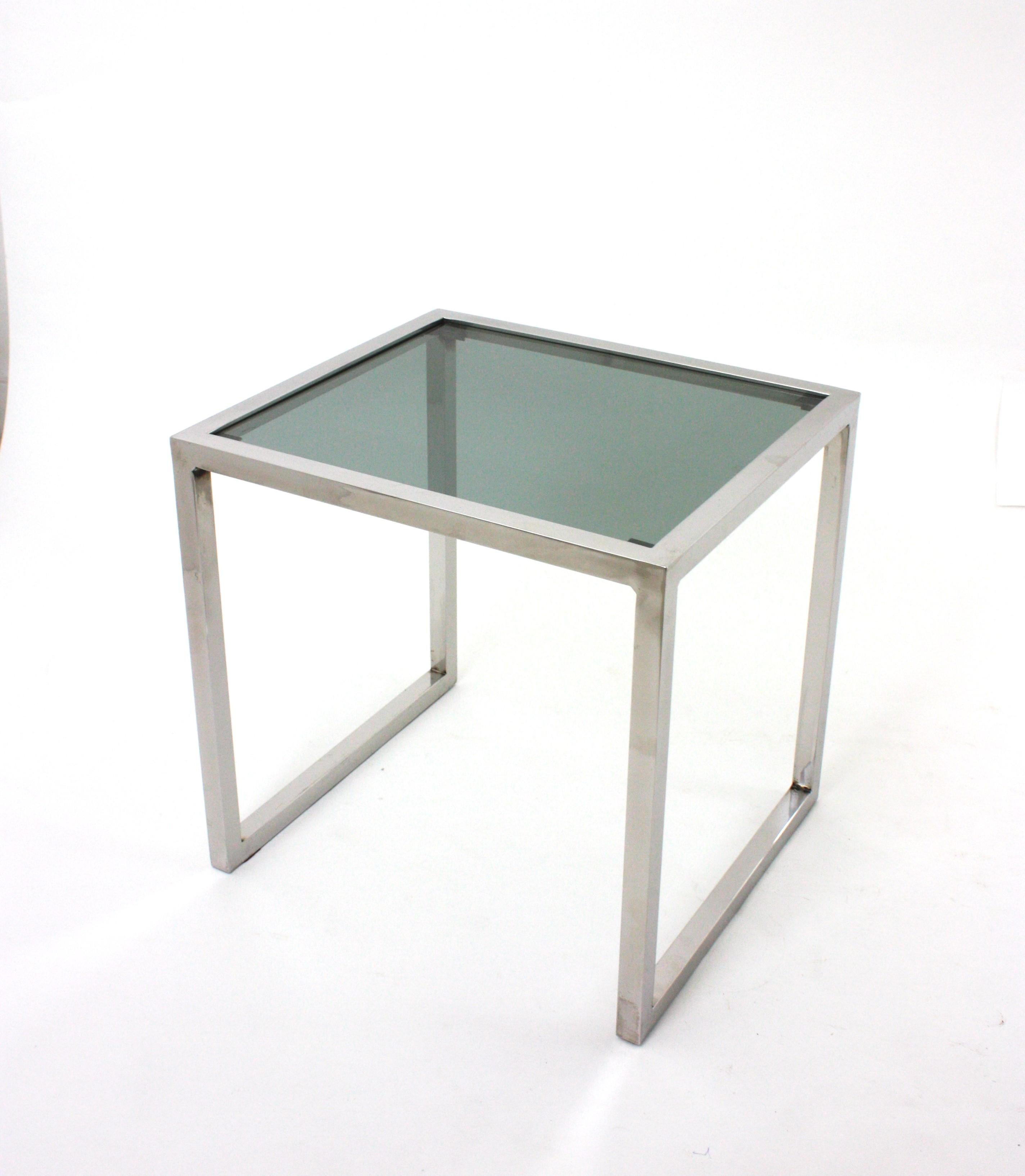 Mesa auxiliar de café italiana de acero cromado y cristal ahumado Acero en venta