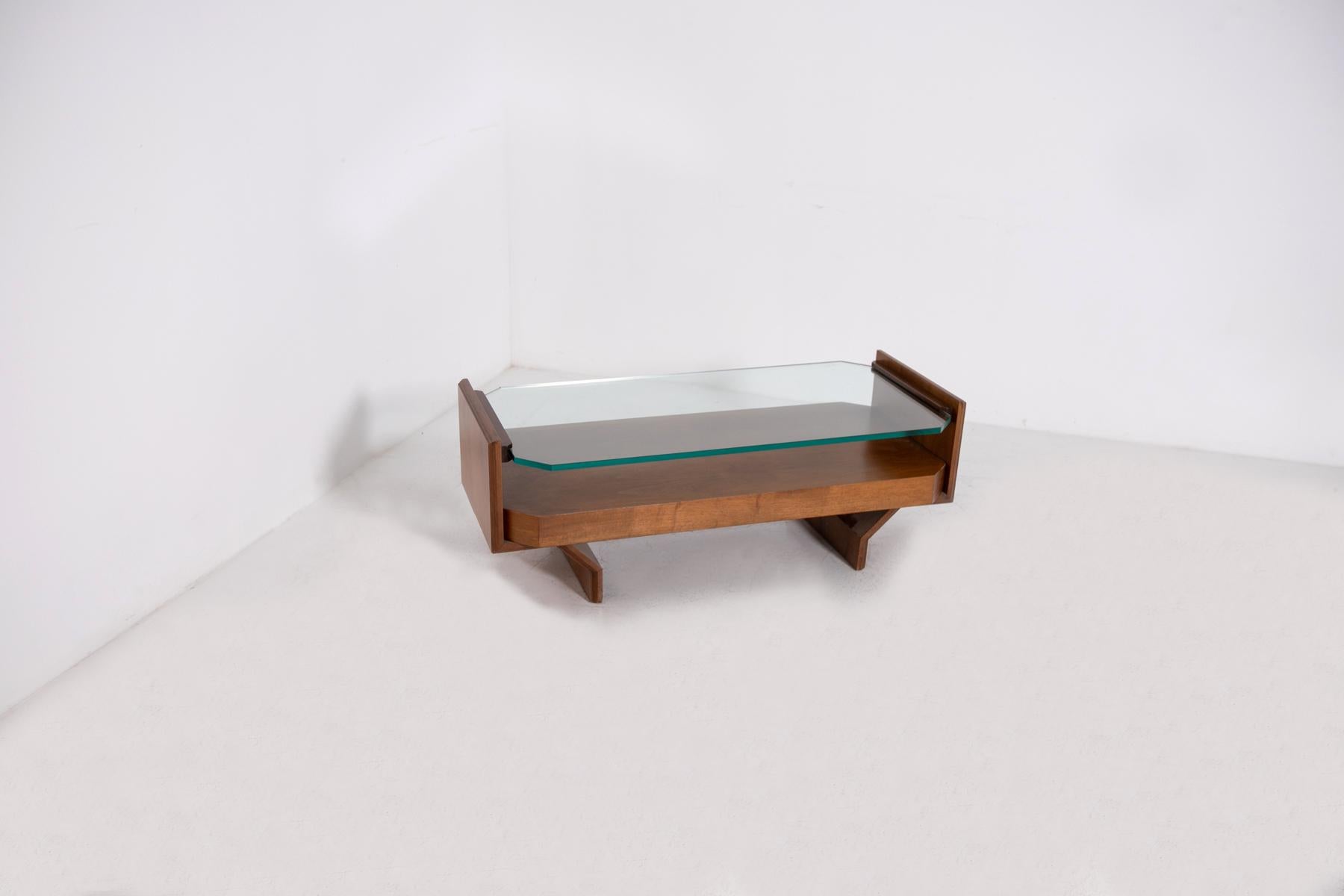 Mid-Century Modern Italian Coffee Table Attr. Vittorio Gregotti in Wood and Glass, 1960s