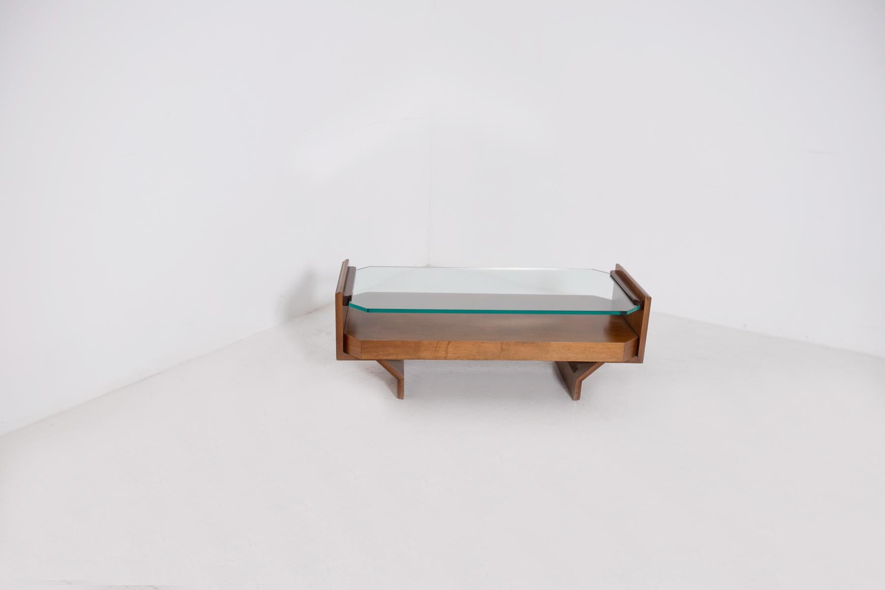 Mid-20th Century Italian Coffee Table Attr. Vittorio Gregotti in Wood and Glass, 1960s