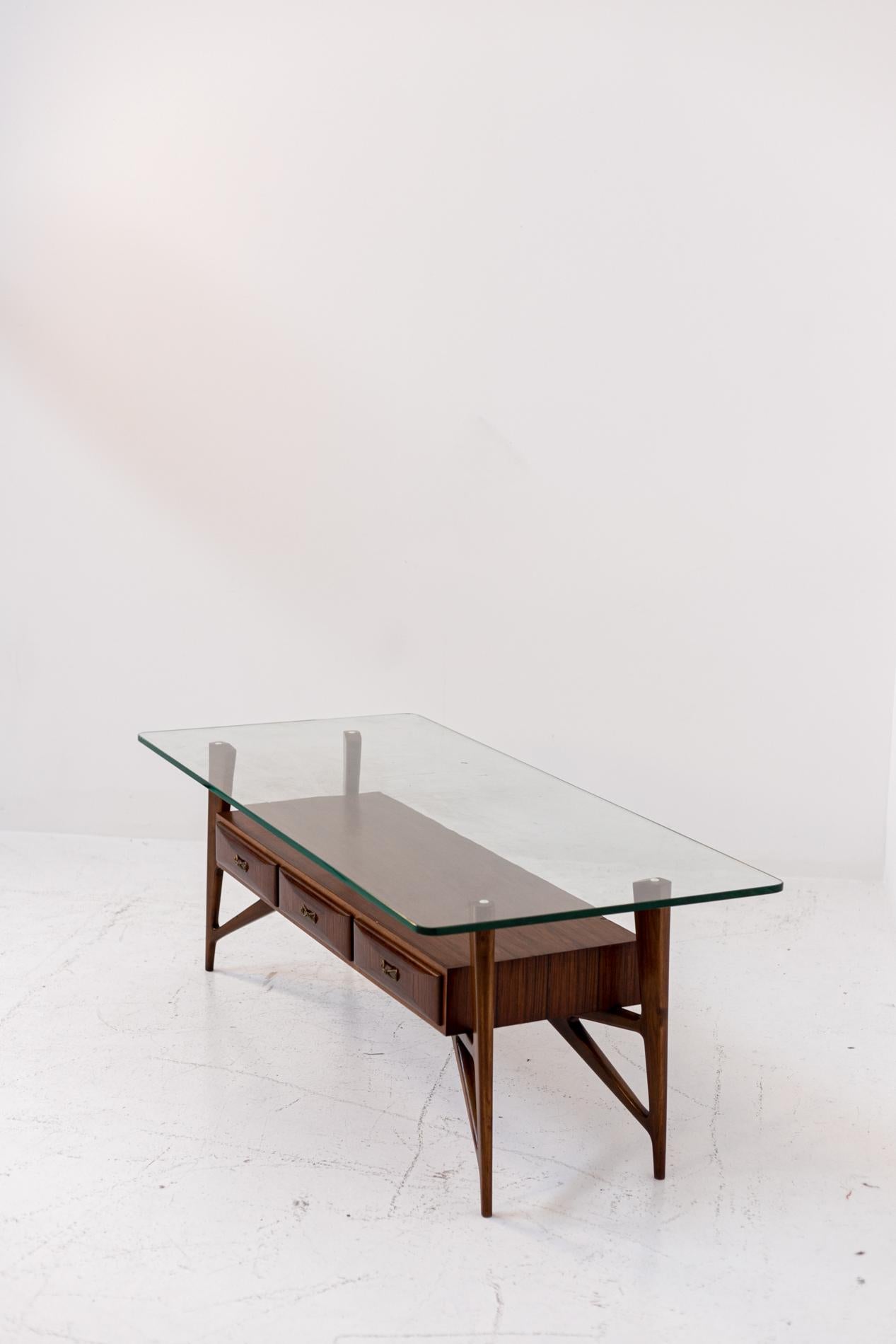 Italian Coffee Table Attributed to Ico Parisi in Wood Glass and Brass 7