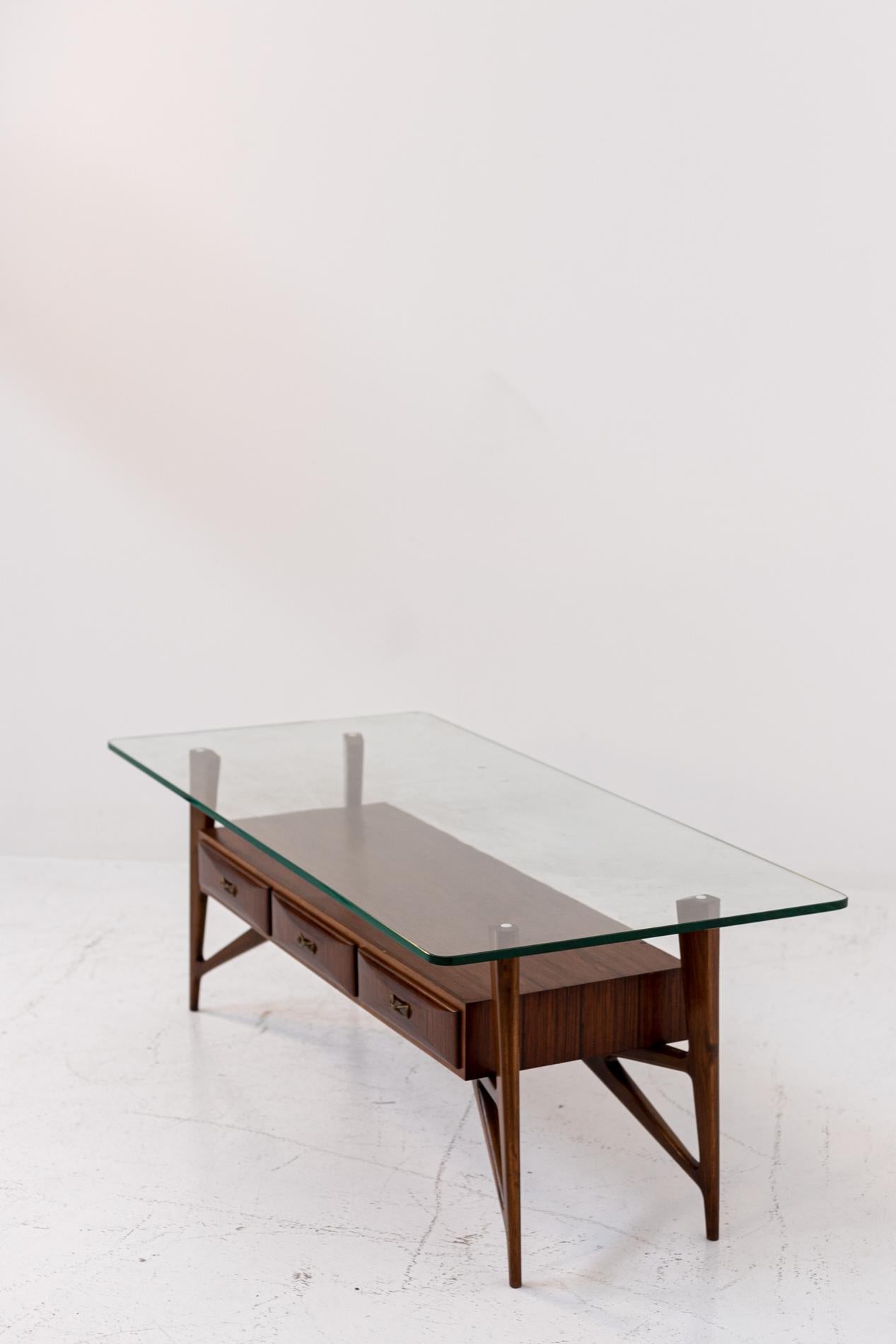 Italian Coffee Table Attributed to Ico Parisi in Wood Glass and Brass 8