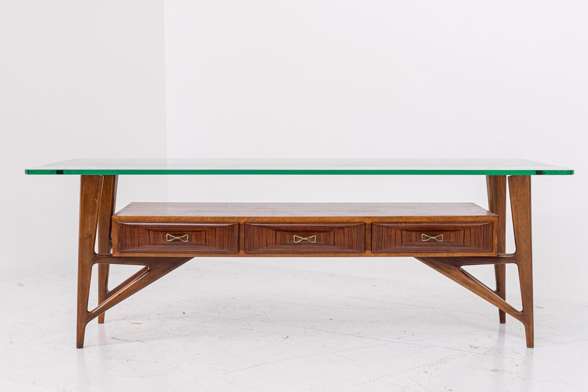 European Italian Coffee Table Attributed to Ico Parisi in Wood Glass and Brass
