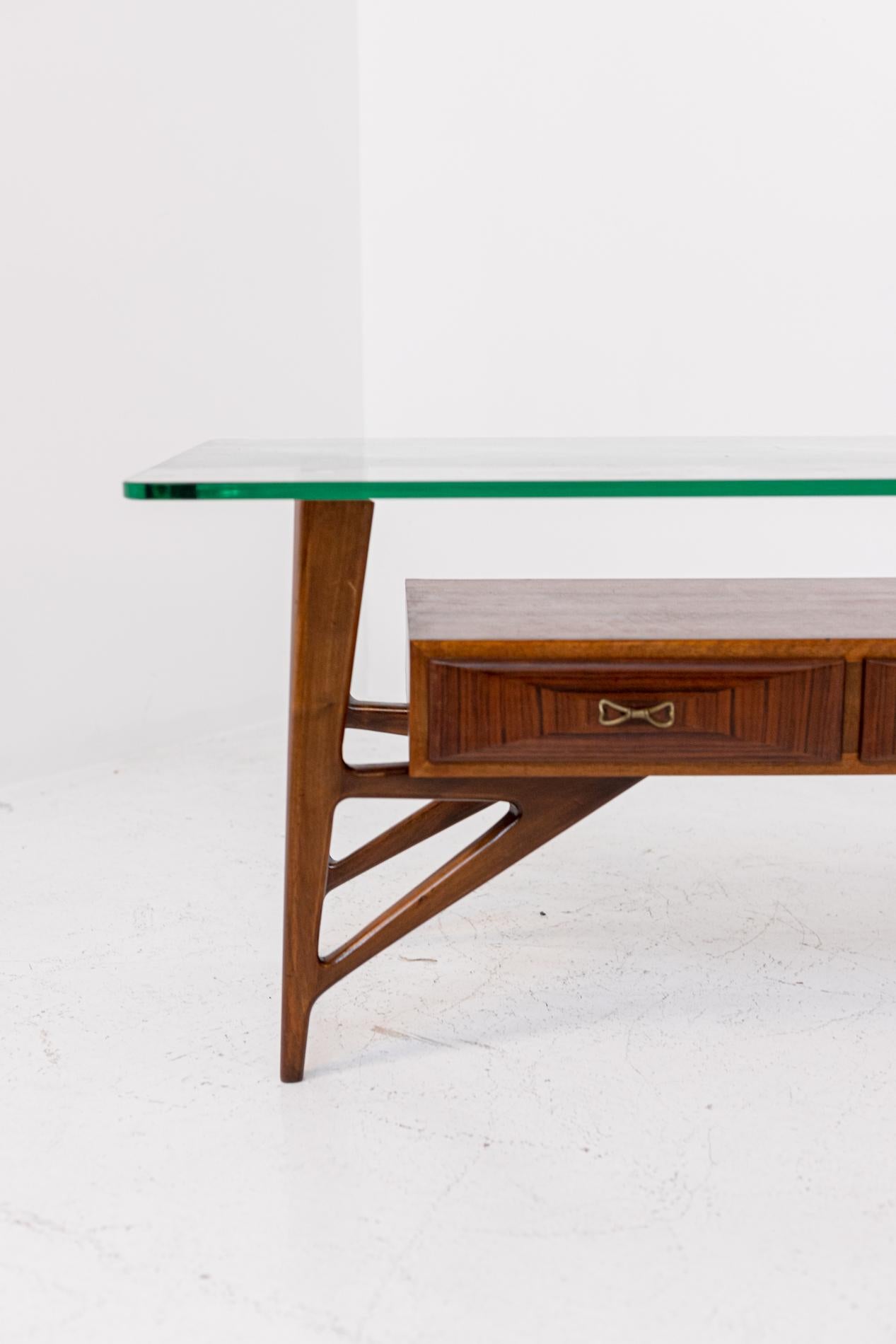 Mid-20th Century Italian Coffee Table Attributed to Ico Parisi in Wood Glass and Brass