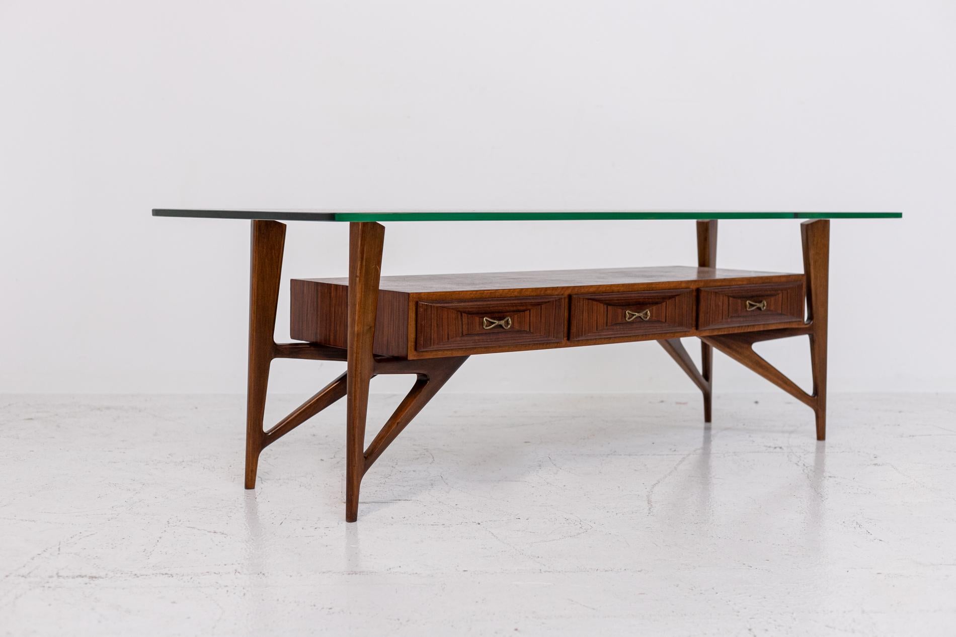Italian Coffee Table Attributed to Ico Parisi in Wood Glass and Brass 3