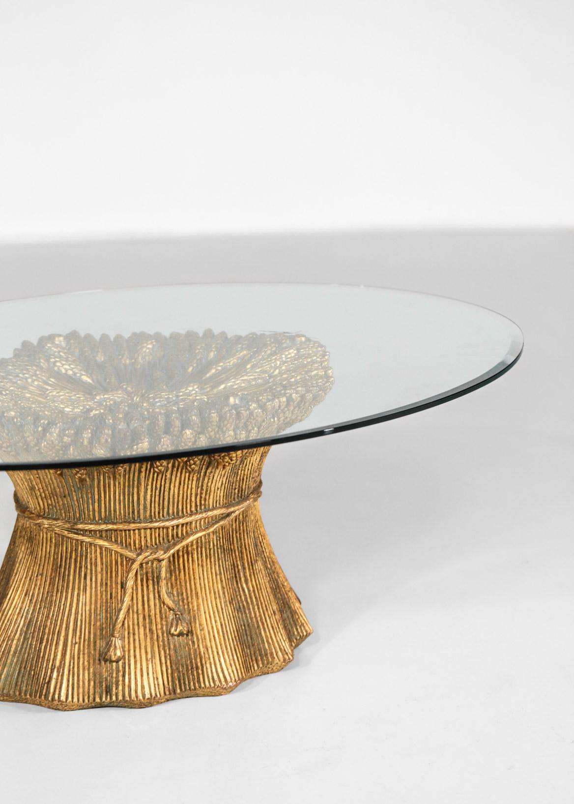 Italian Coffee Table from 1950s in Golden Ceramic and Glass Top Ears of Wheat For Sale 1