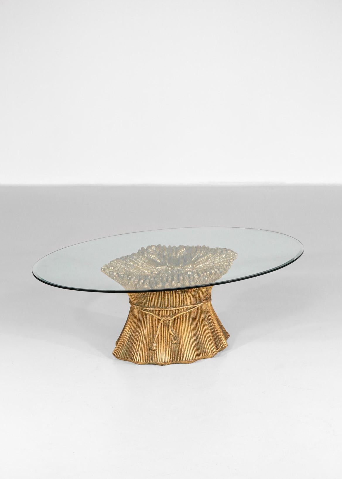 Italian Coffee Table from 1950s in Golden Ceramic and Glass Top Ears of Wheat For Sale 2