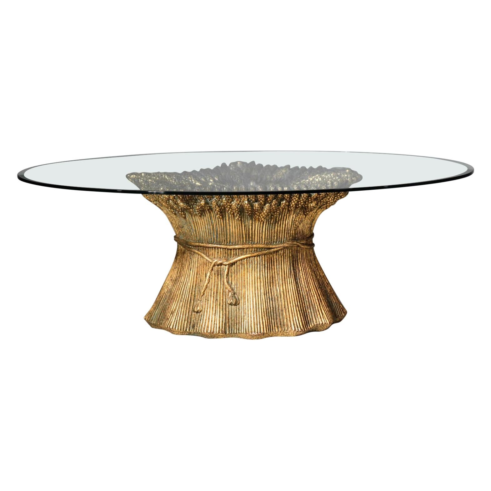 Italian Coffee Table from 1950s in Golden Ceramic and Glass Top Ears of Wheat For Sale