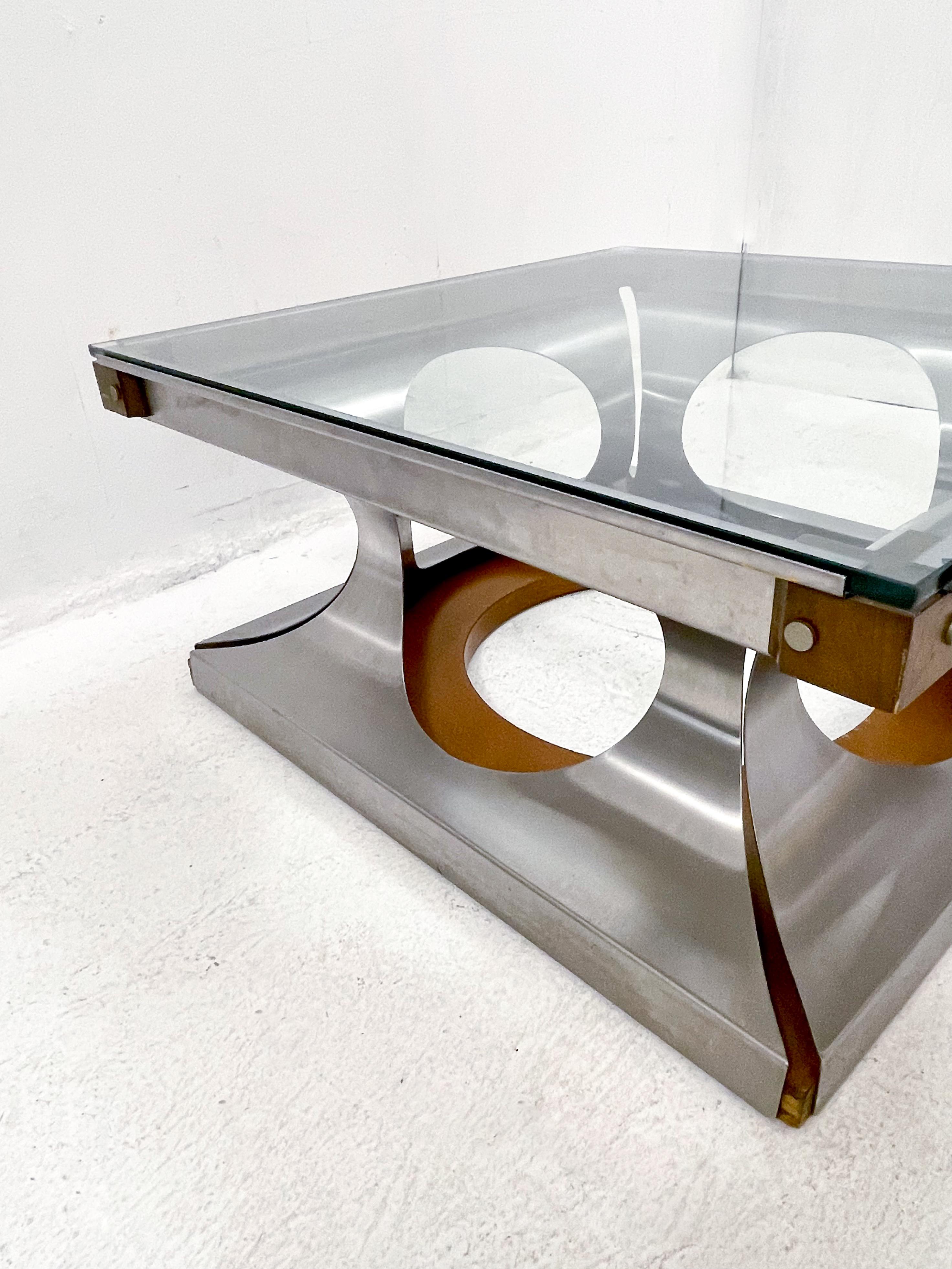 Mid-Century Modern Italian Coffee Table, Glass and Steel and Wood, 1970s For Sale