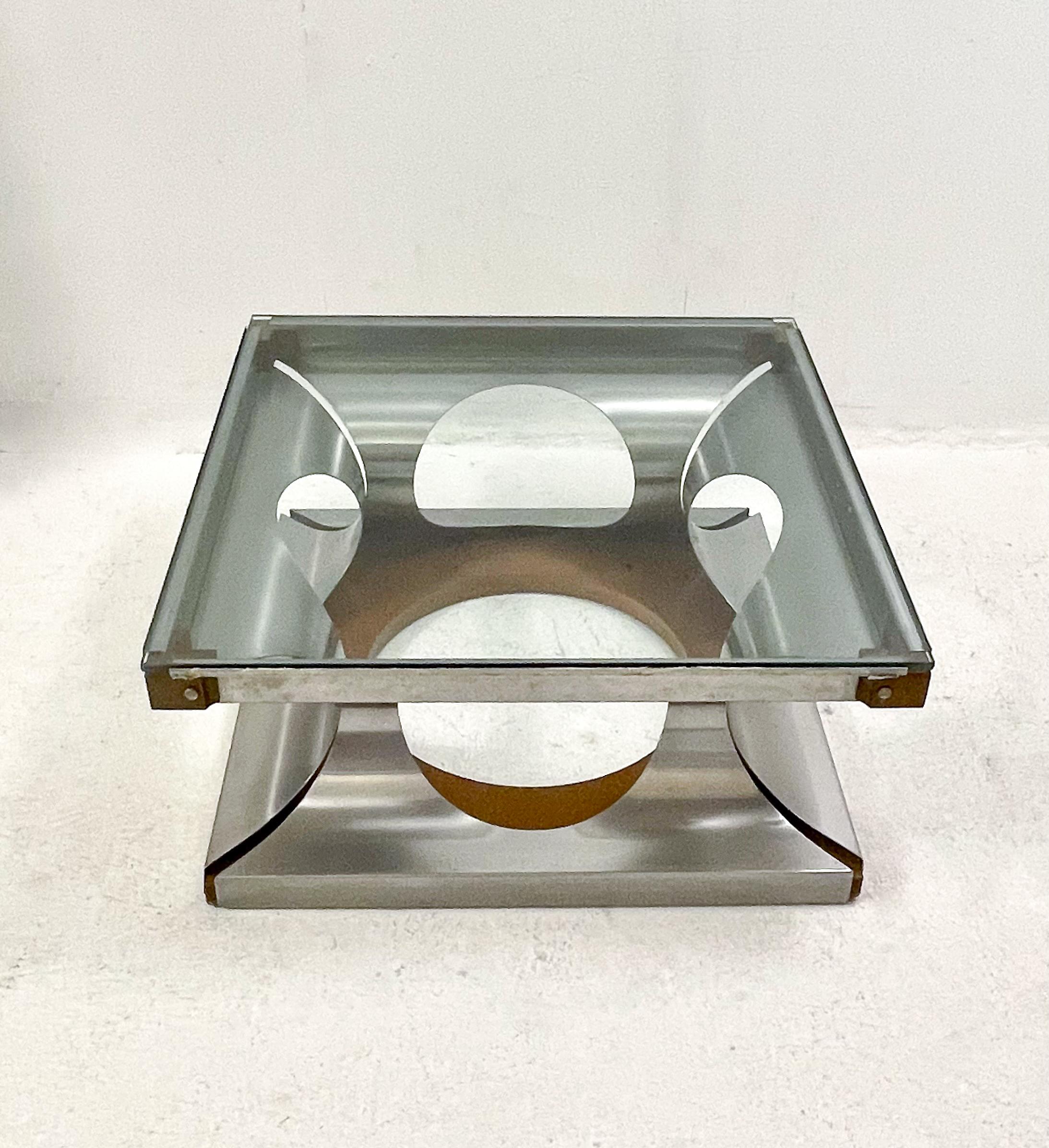 Late 20th Century Italian Coffee Table, Glass and Steel and Wood, 1970s For Sale