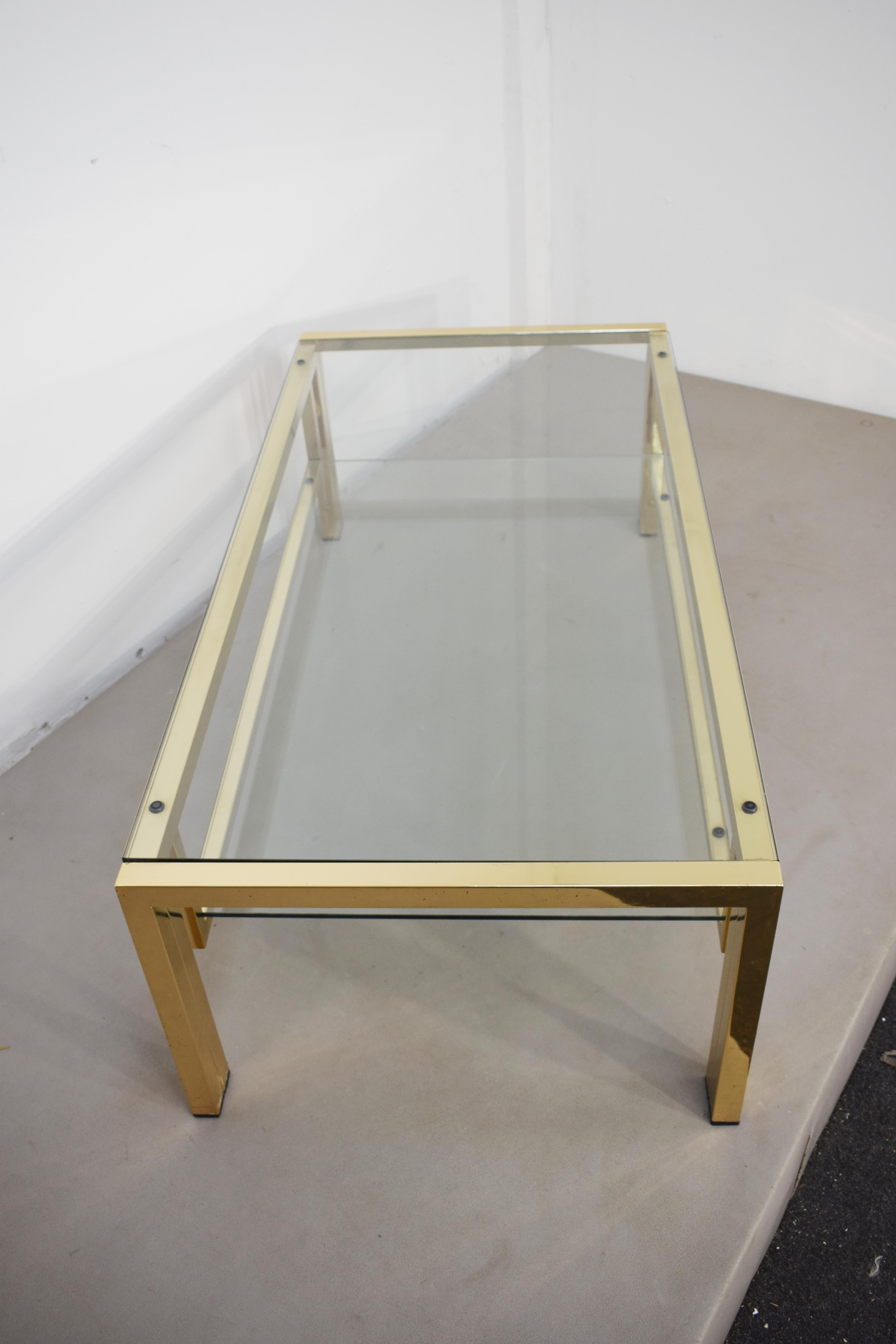 Italian coffee table, golden metal and glass, 1970s 4