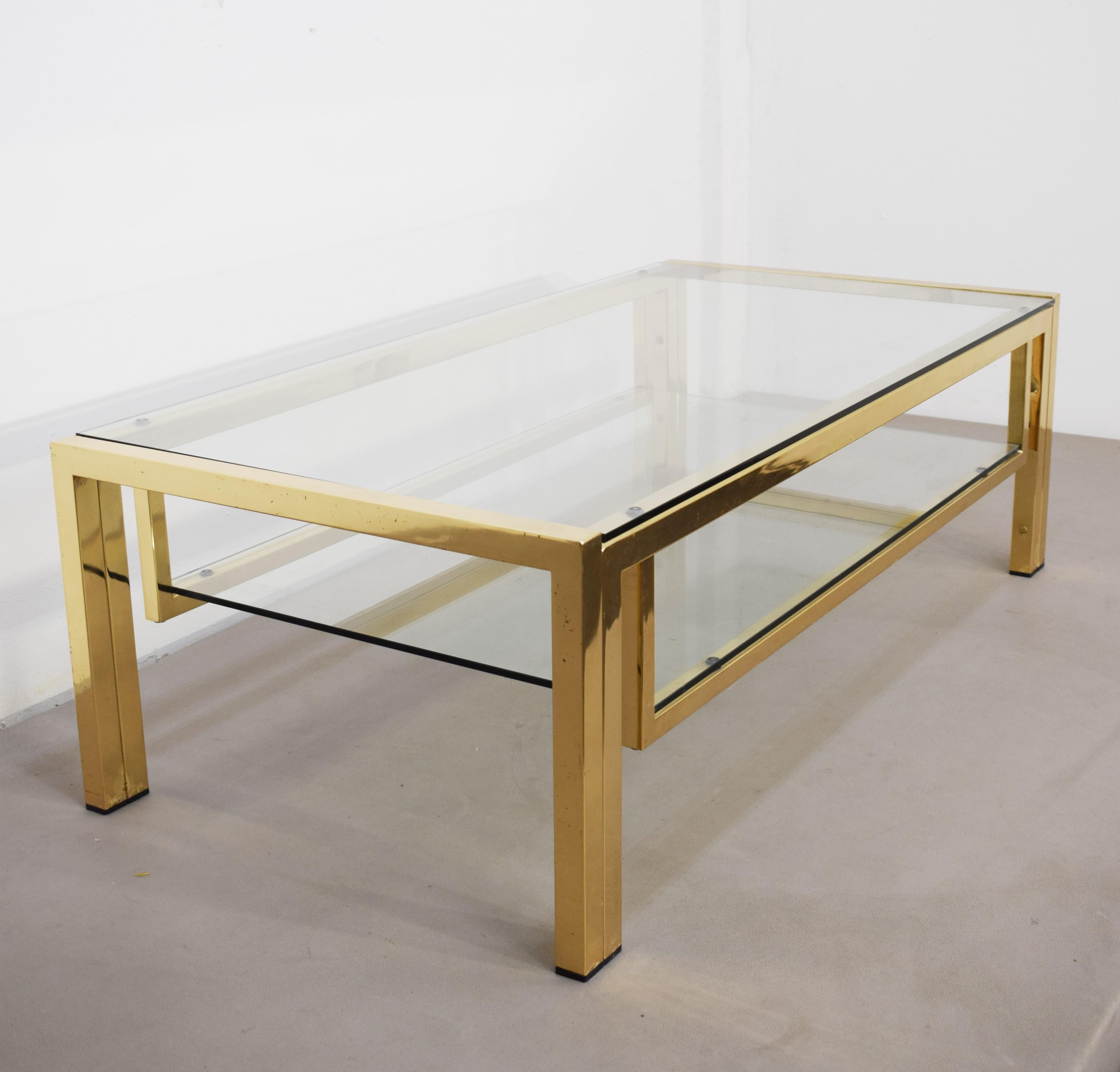 Mid-Century Modern Italian coffee table, golden metal and glass, 1970s