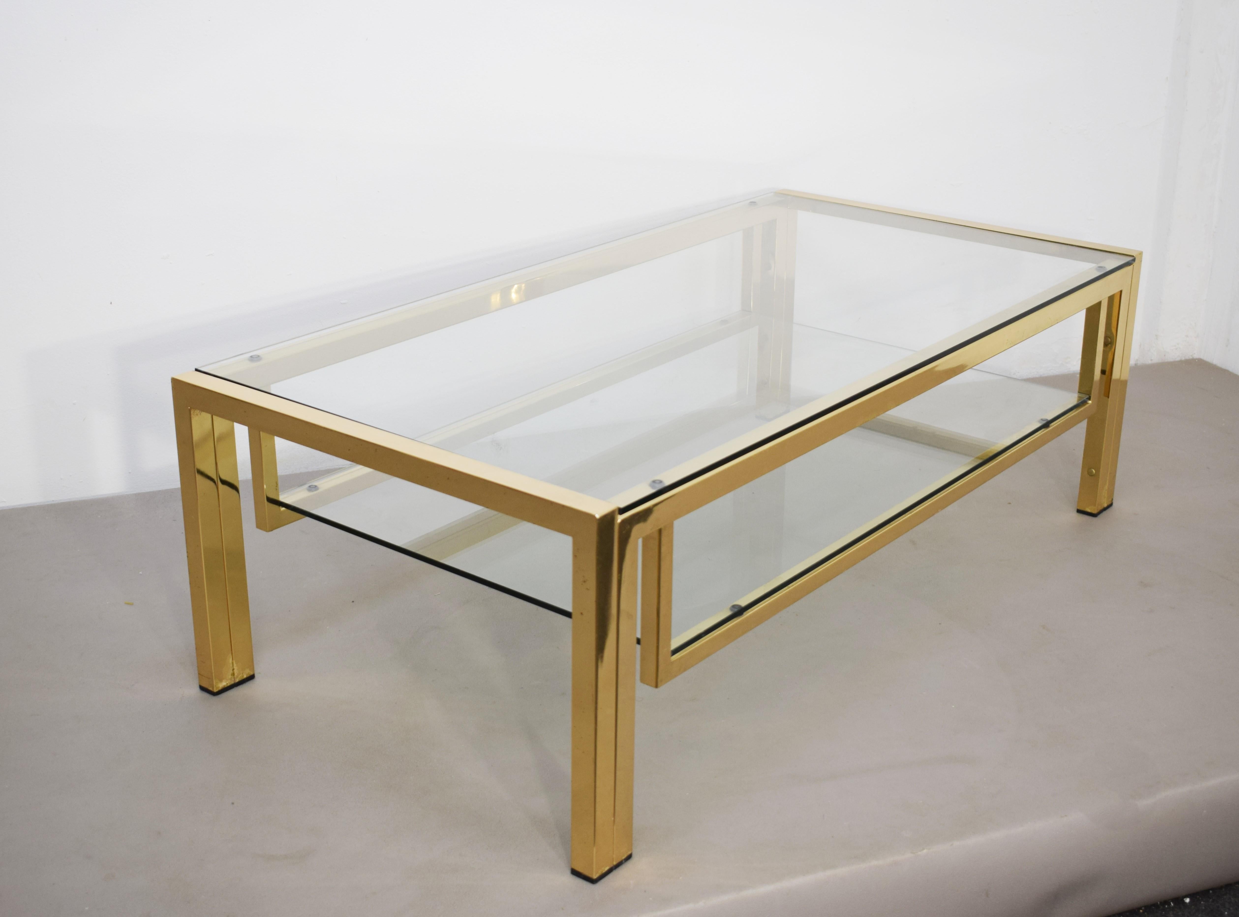 Metal Italian coffee table, golden metal and glass, 1970s