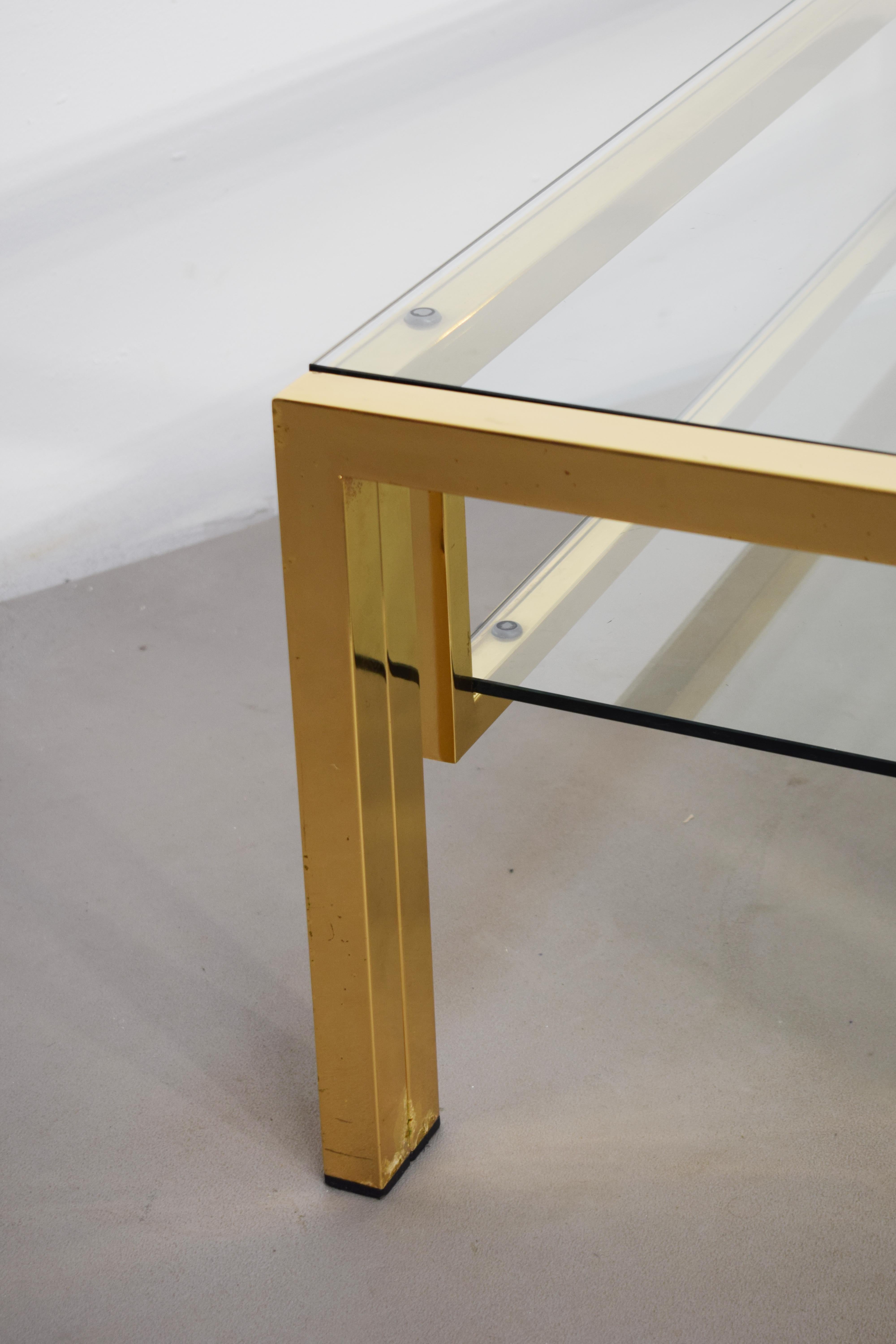 Italian coffee table, golden metal and glass, 1970s 1