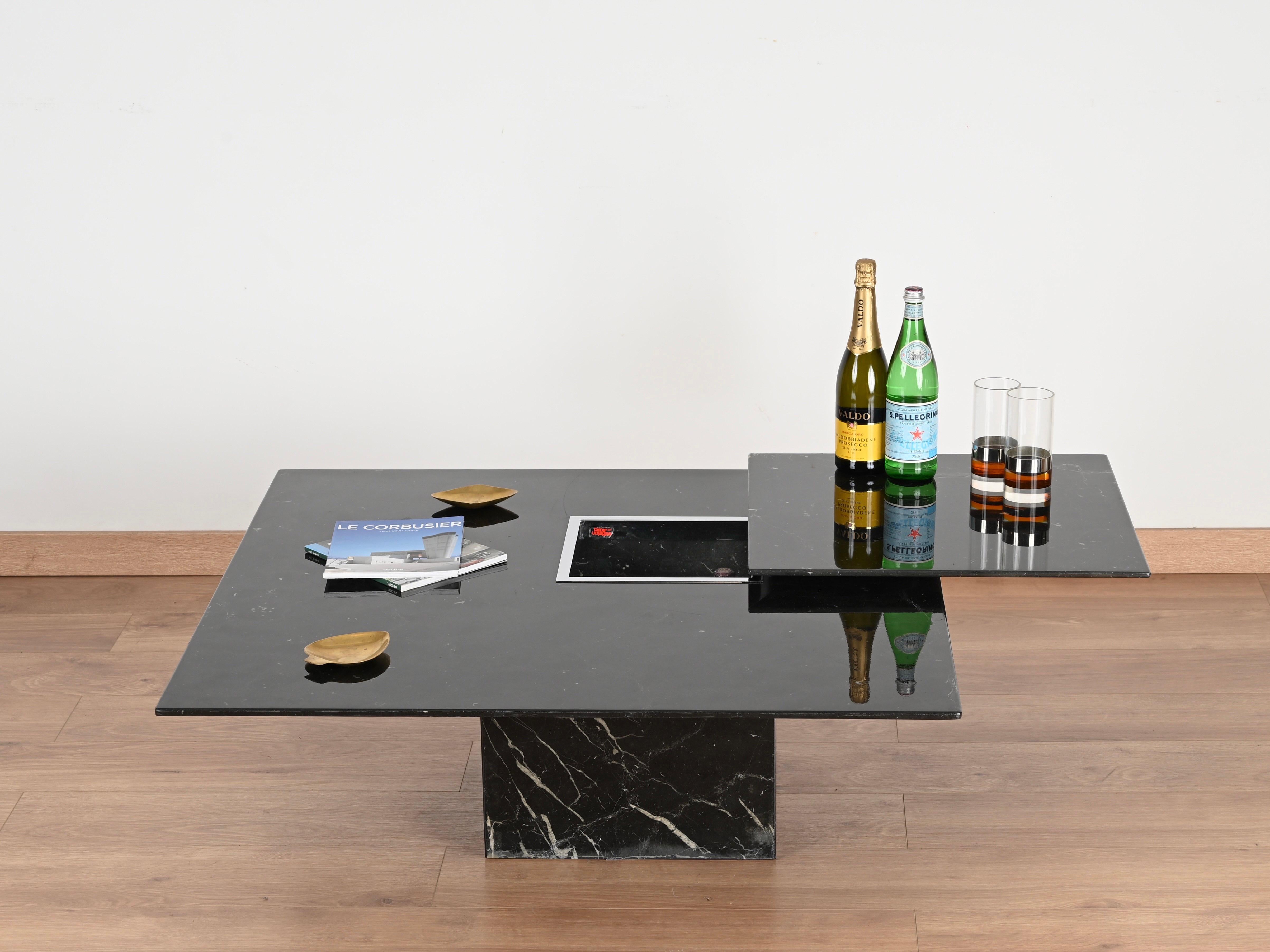 Mid-Century Modern Table basse italienne Marquina noire et chromée avec plateau, Cattelan 1970 en vente