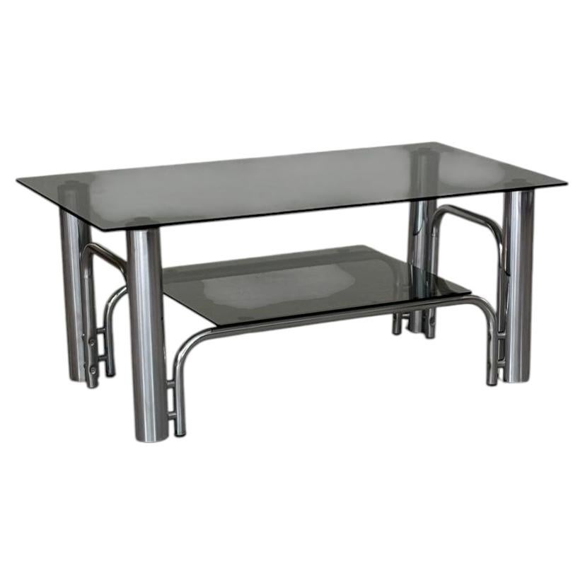 Italian coffee table in Chrome & Smoked Glass, 1970s Italy For Sale