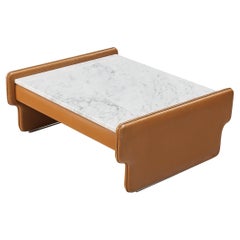 Tavolino italiano in pelle cognac e marmo di Carrara