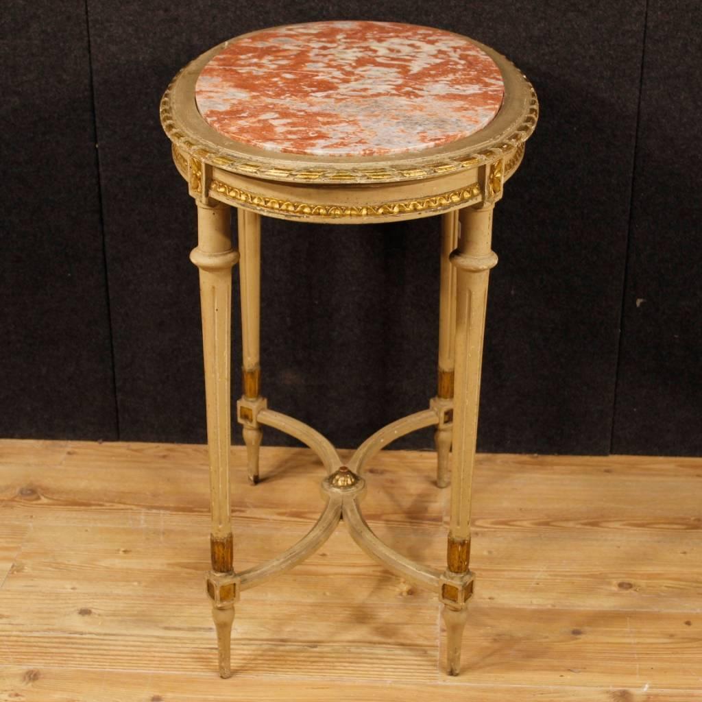Italian Coffee Table in Lacquered Giltwood with Marble Top in Louis XVI Style In Fair Condition In Vicoforte, Piedmont