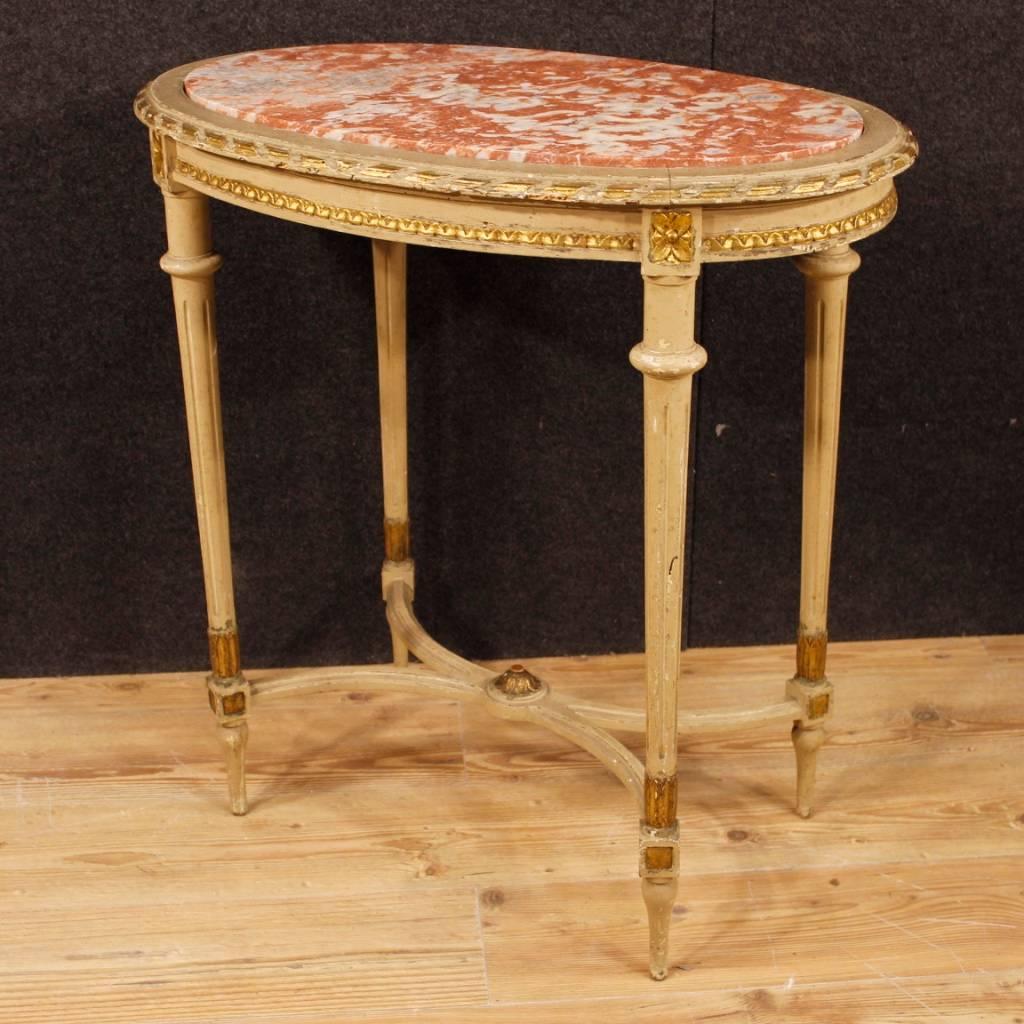 Italian Coffee Table in Lacquered Giltwood with Marble Top in Louis XVI Style 1