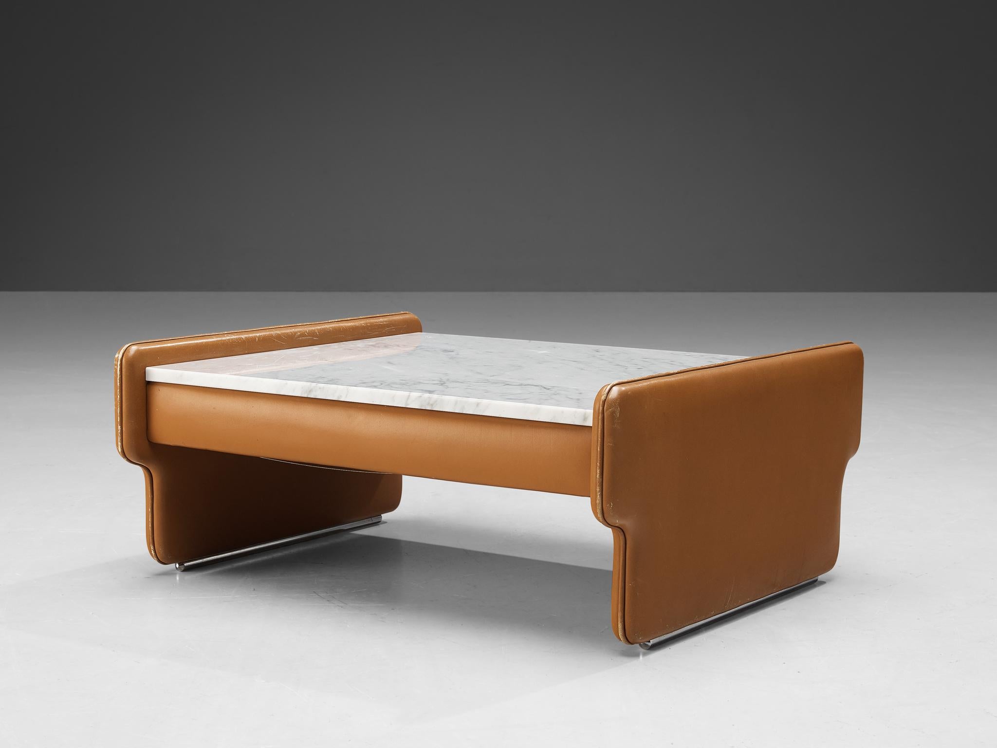Post-Modern Italian Coffee Table in Cognac Leather and Carrara Marble  For Sale