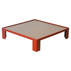 Mesa de centro italiana de cuero granate con cristal de bronce de Massoni para Frau, años 70