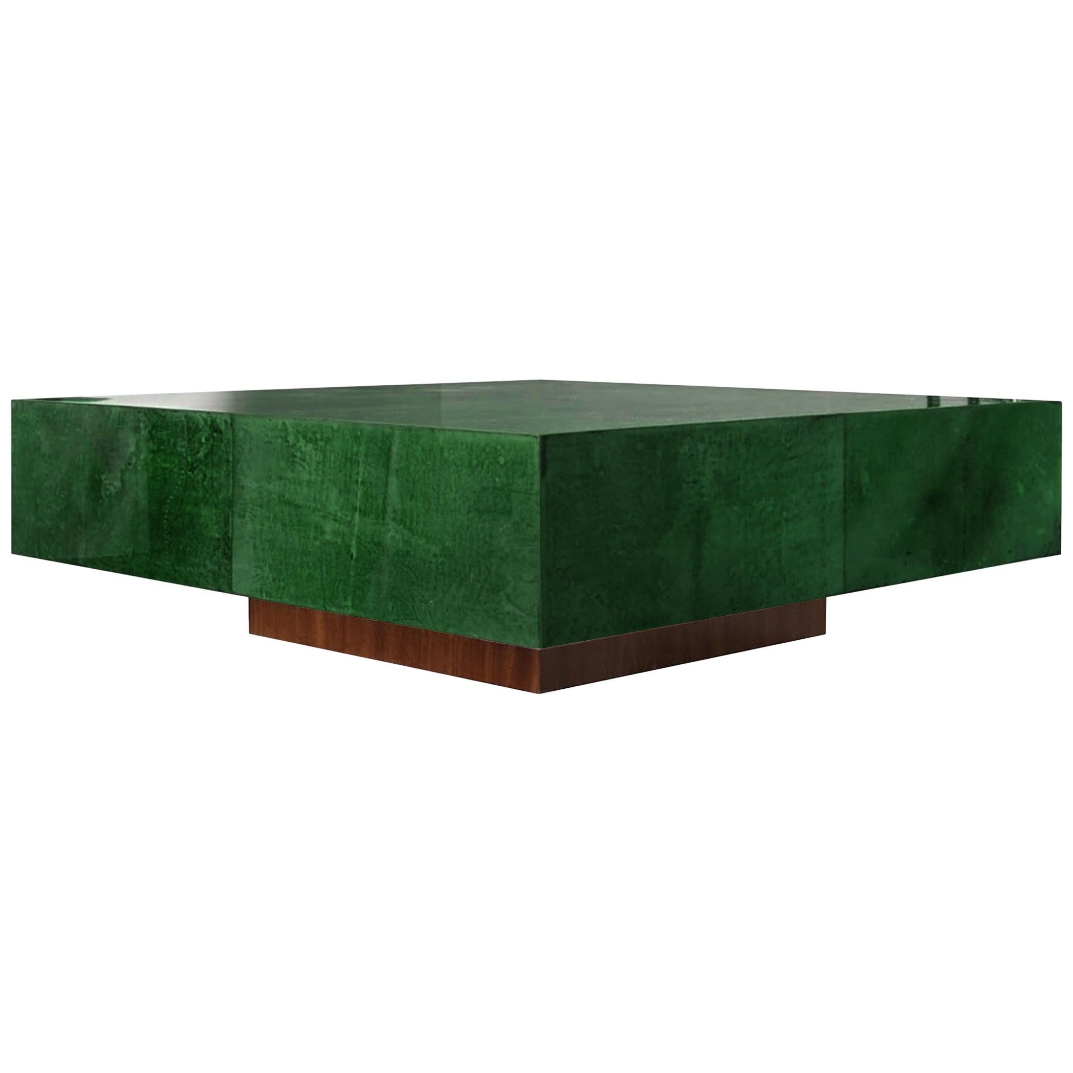 Italian Coffee Table in Parchment Goatskin Leather in Emerald Green