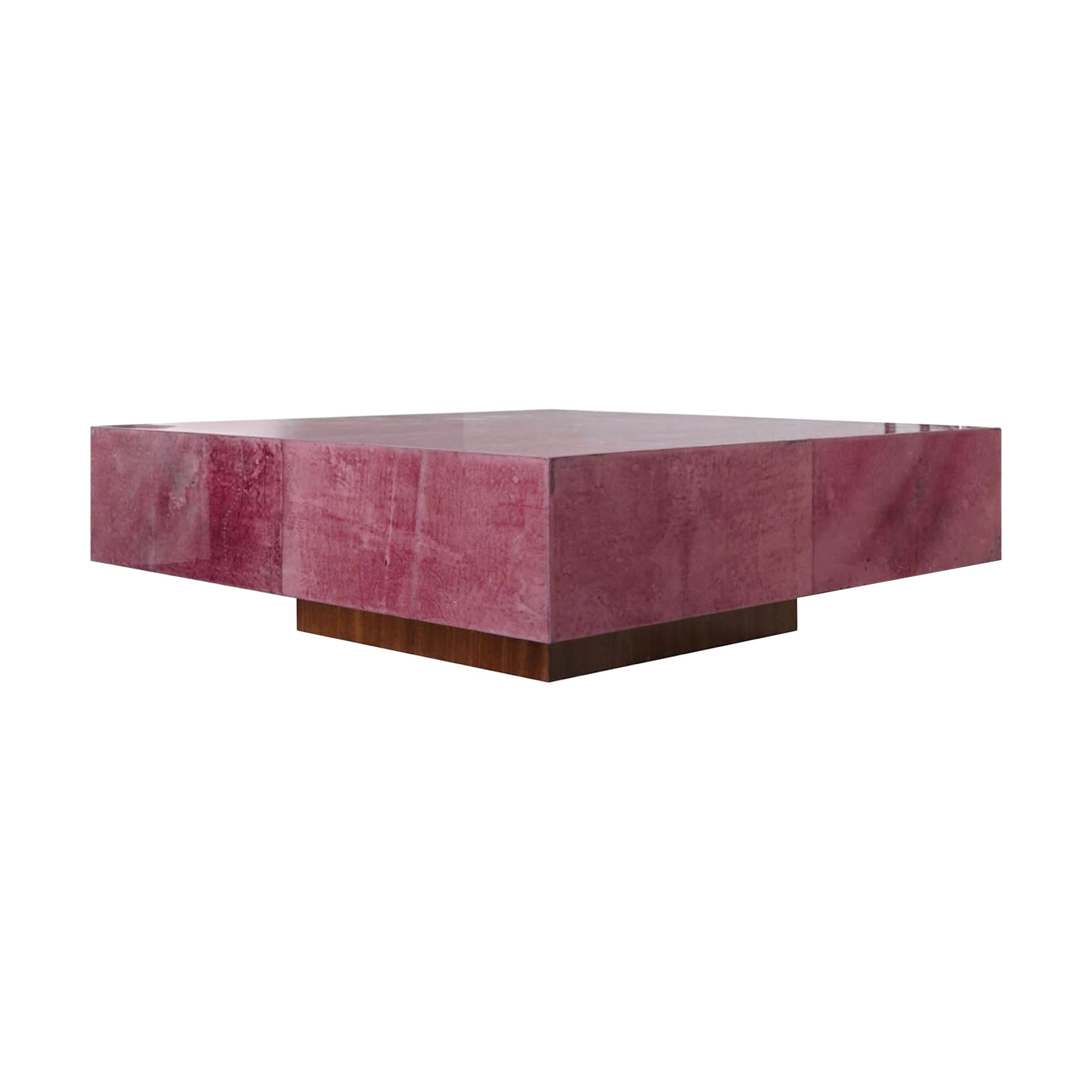 Italian Coffee Table in Parchment Goatskin Leather in Red Plum Pantone For Sale