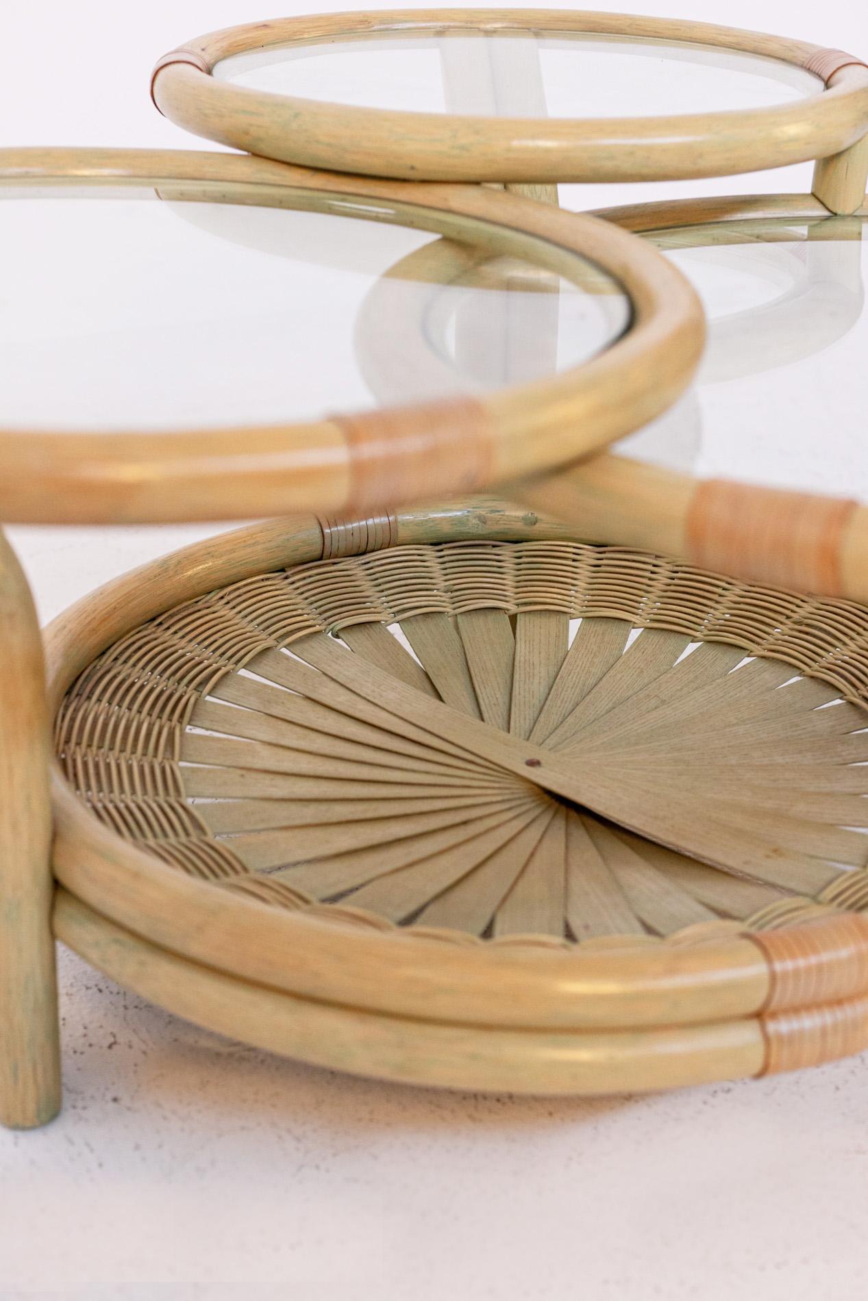 Late 20th Century Italian Coffee Table in Rattan and Glass with Three Risers