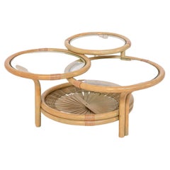 Italian Coffee Table in Rattan and Glass with Three Risers
