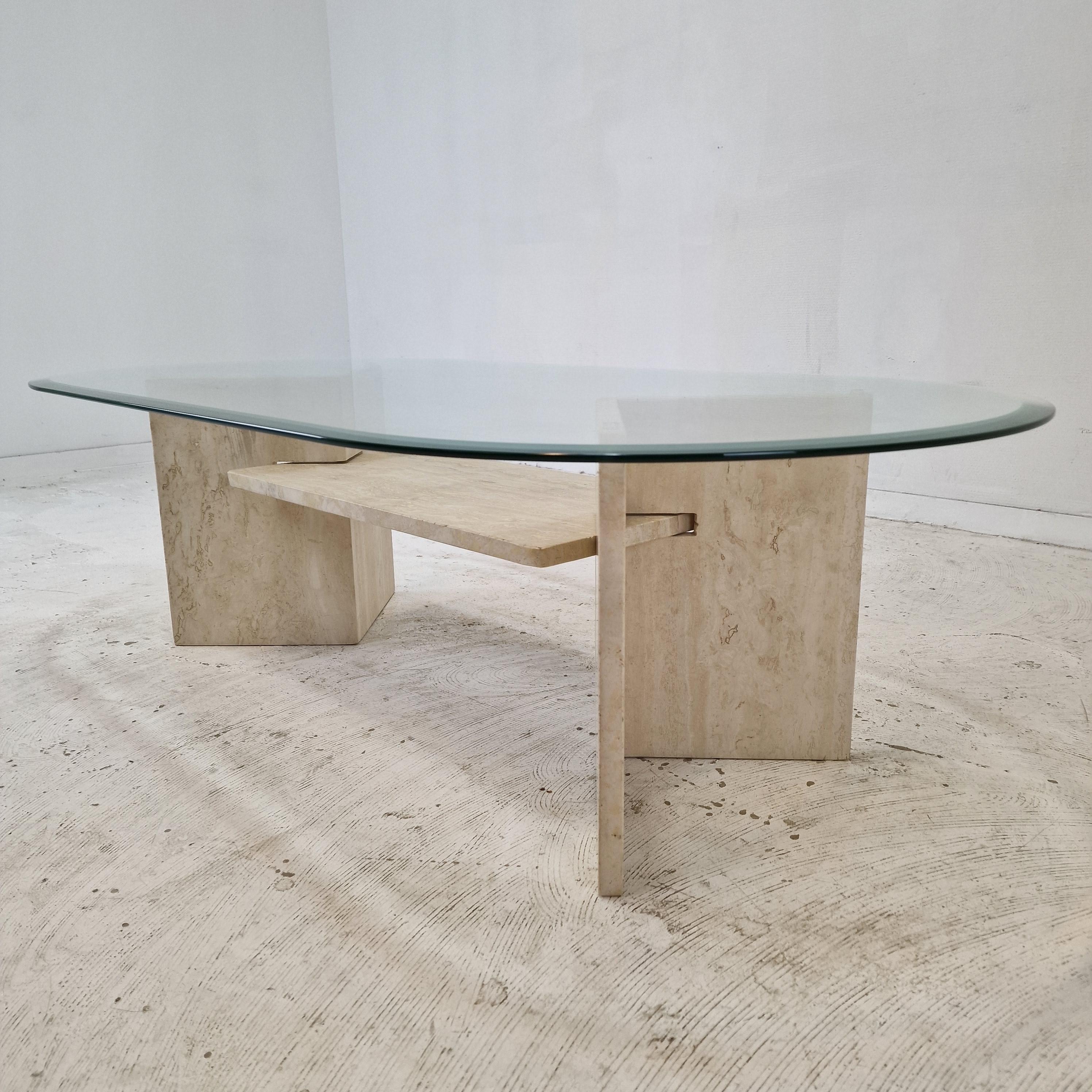 Italian Coffee Table in Travertine and Facet Cut Glass, 1980s For Sale 4