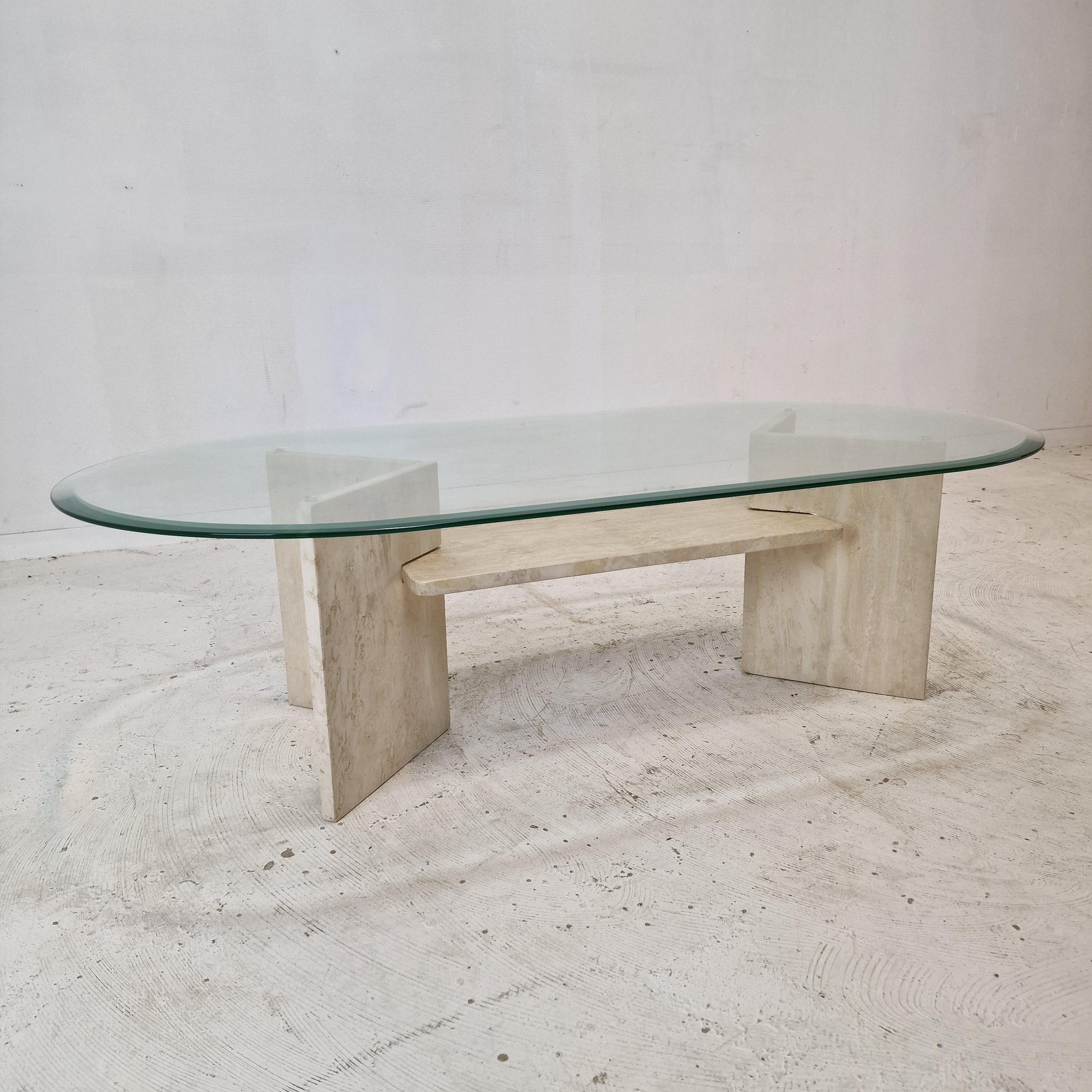Italian Coffee Table in Travertine and Facet Cut Glass, 1980s For Sale 5