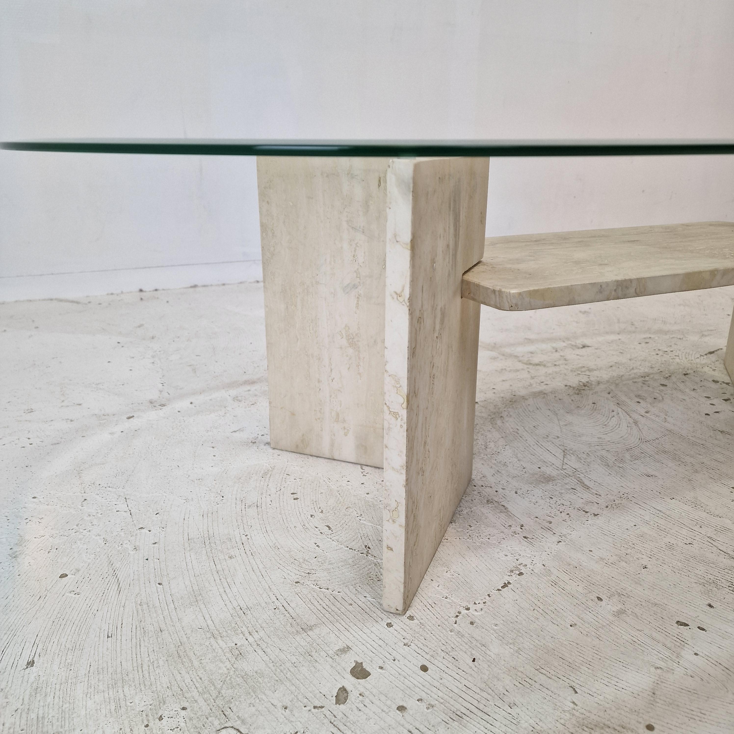 Italian Coffee Table in Travertine and Facet Cut Glass, 1980s For Sale 6