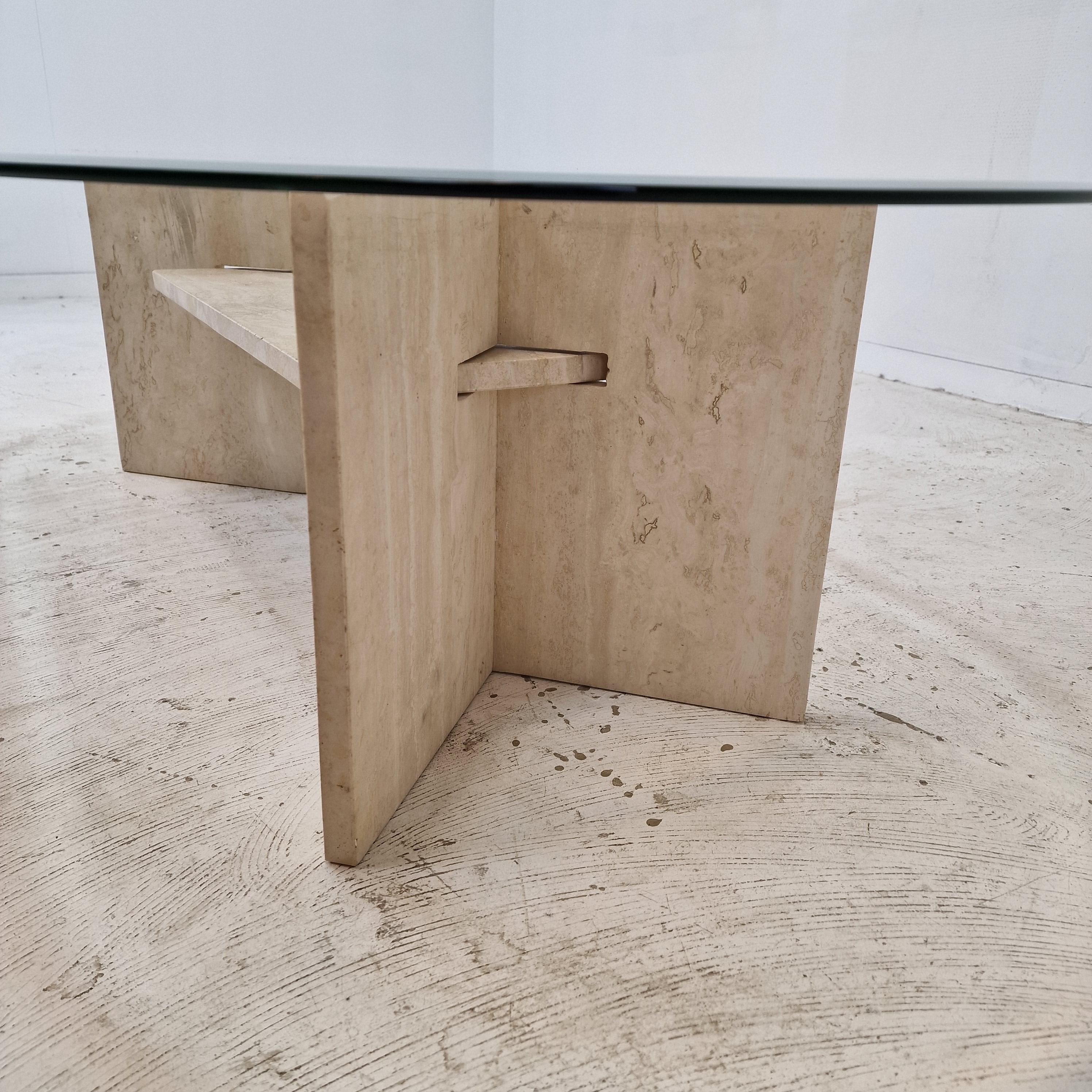 Italian Coffee Table in Travertine and Facet Cut Glass, 1980s For Sale 7