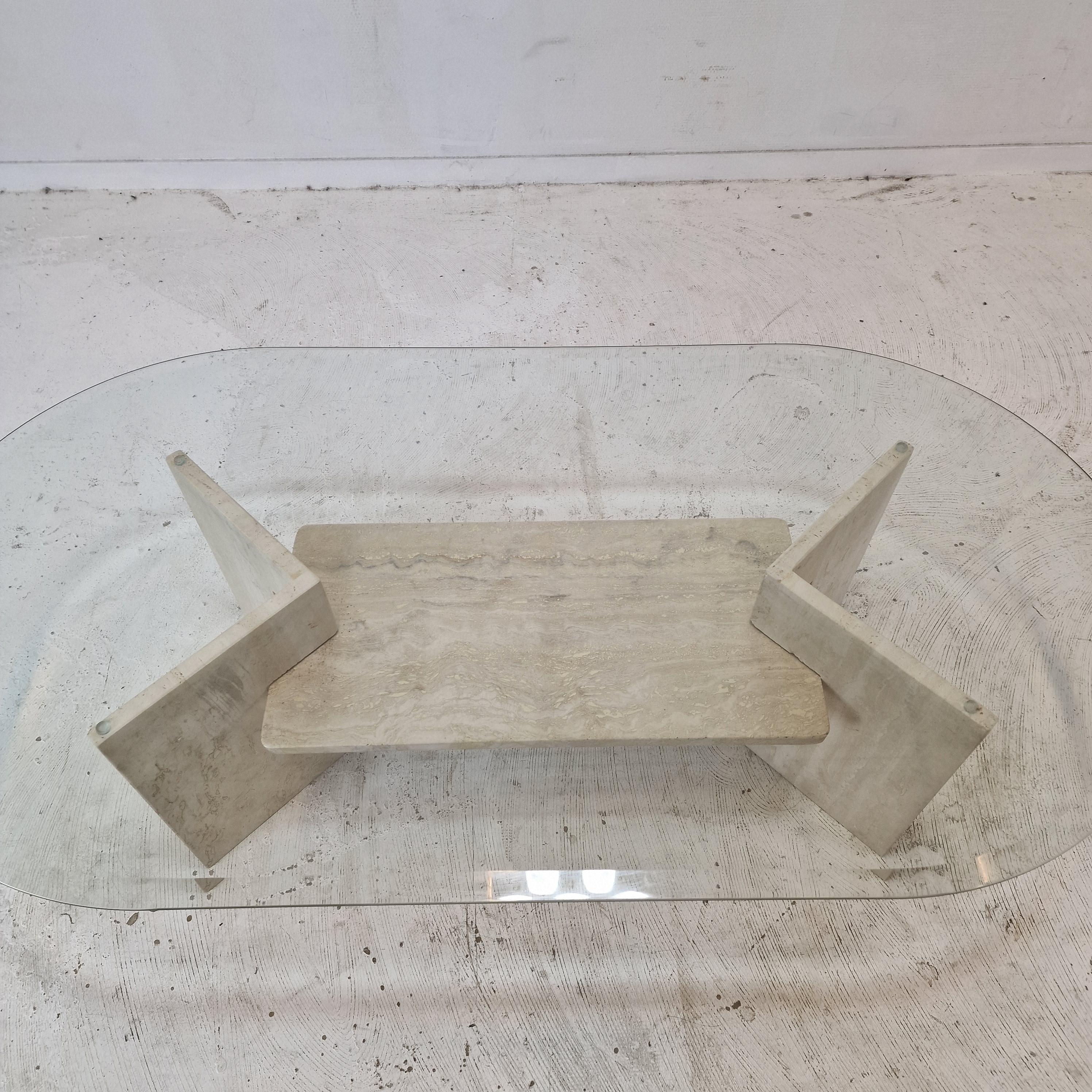 Italian Coffee Table in Travertine and Facet Cut Glass, 1980s For Sale 8