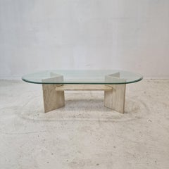 Italian Coffee Table in Travertine and Facet Cut Glass, 1980s