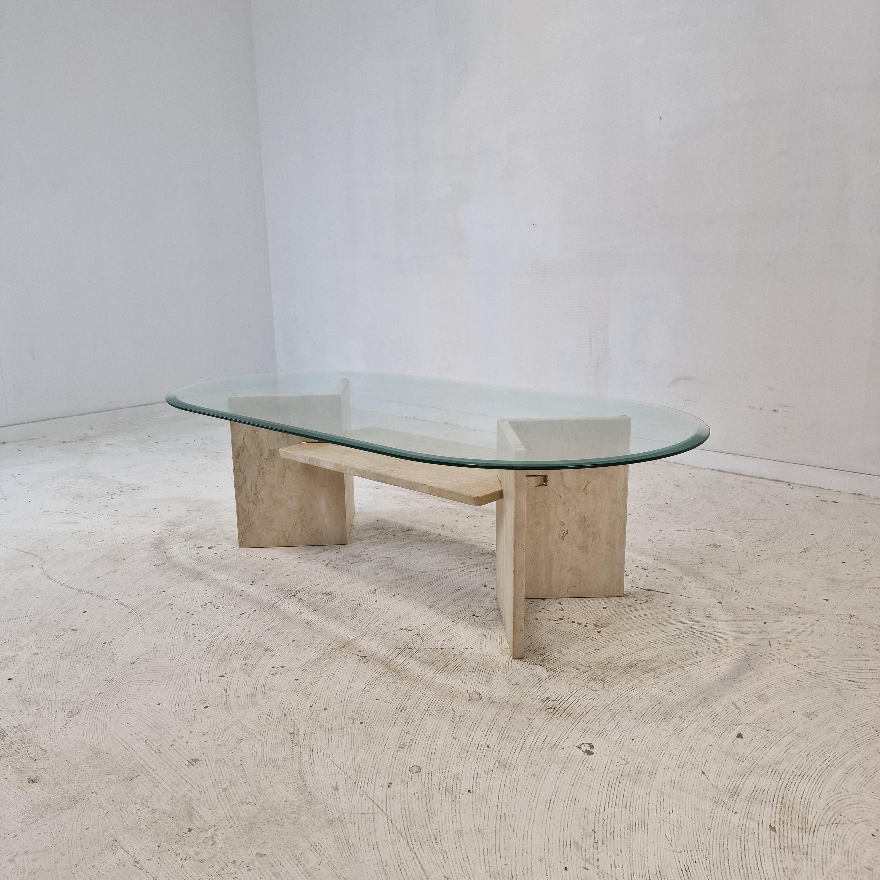 Mid-Century Modern Italian Coffee Table in Travertine and Facet Cut Glass, 1980s For Sale