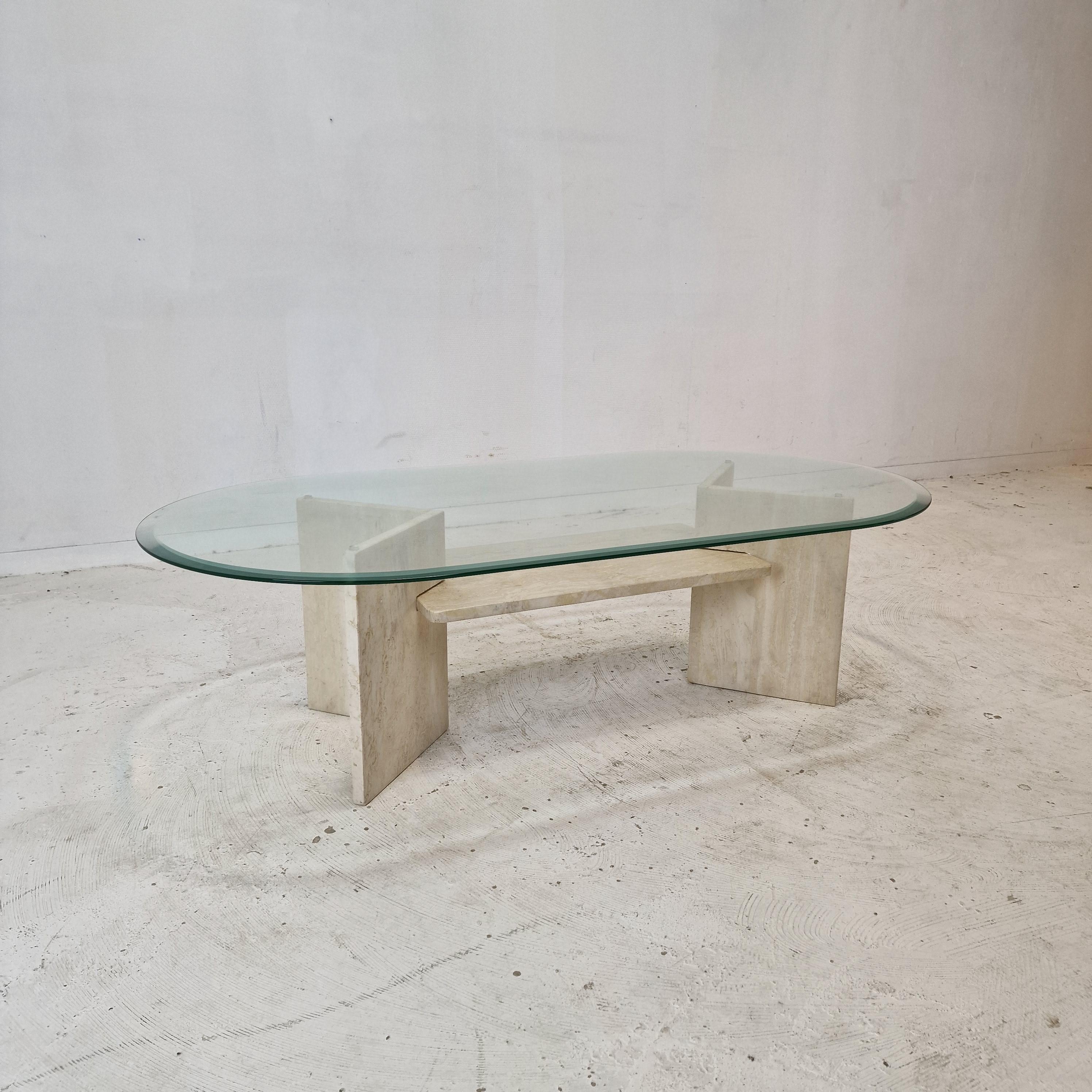 Hand-Crafted Italian Coffee Table in Travertine and Facet Cut Glass, 1980s For Sale