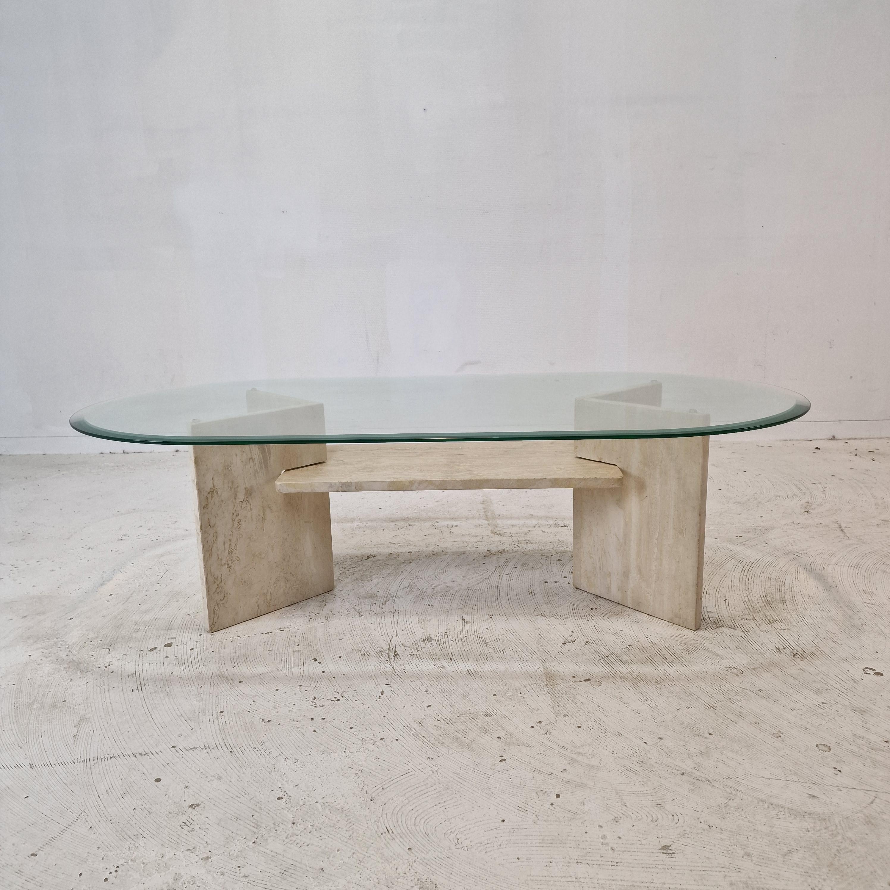 Italian Coffee Table in Travertine and Facet Cut Glass, 1980s For Sale 1