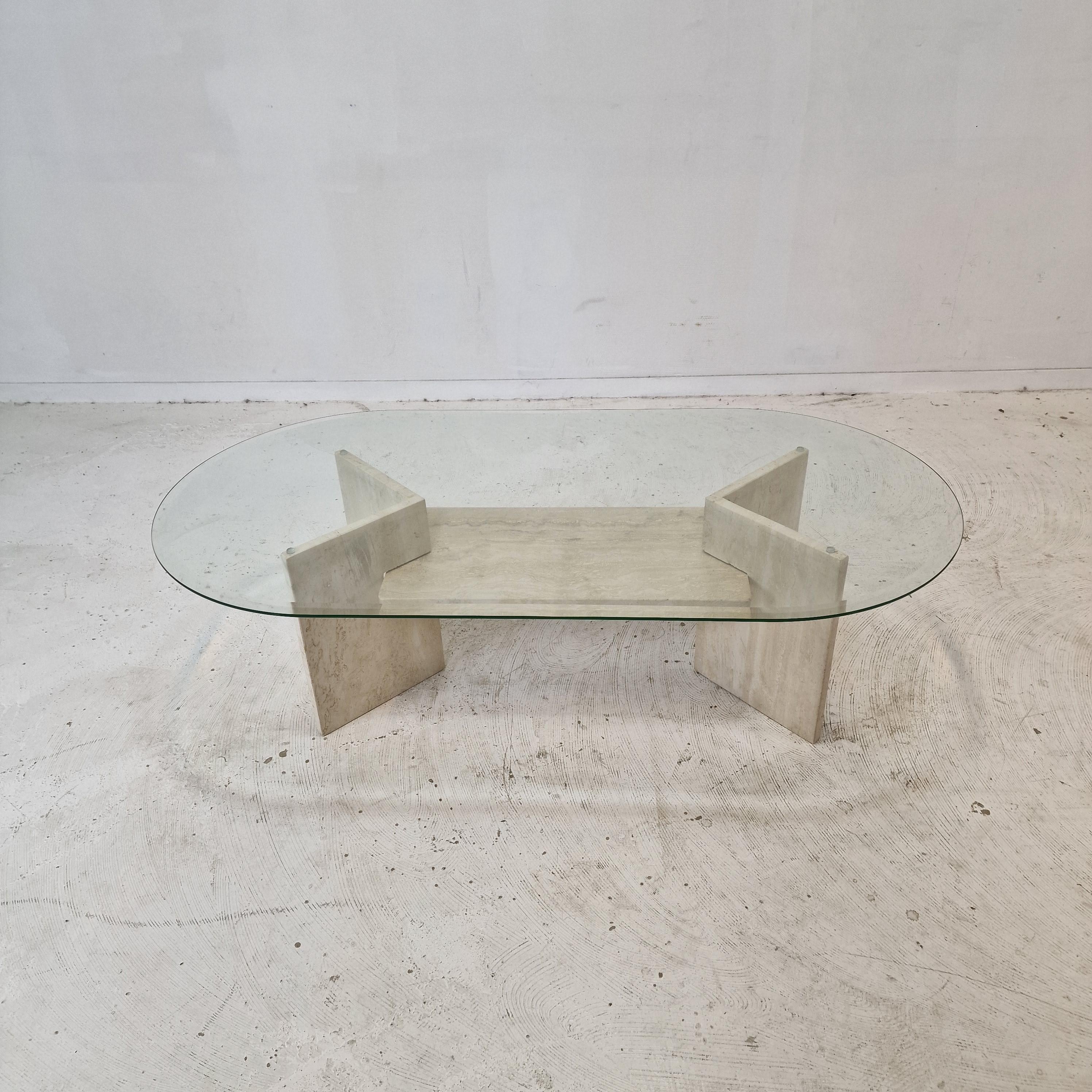 Italian Coffee Table in Travertine and Facet Cut Glass, 1980s For Sale 2