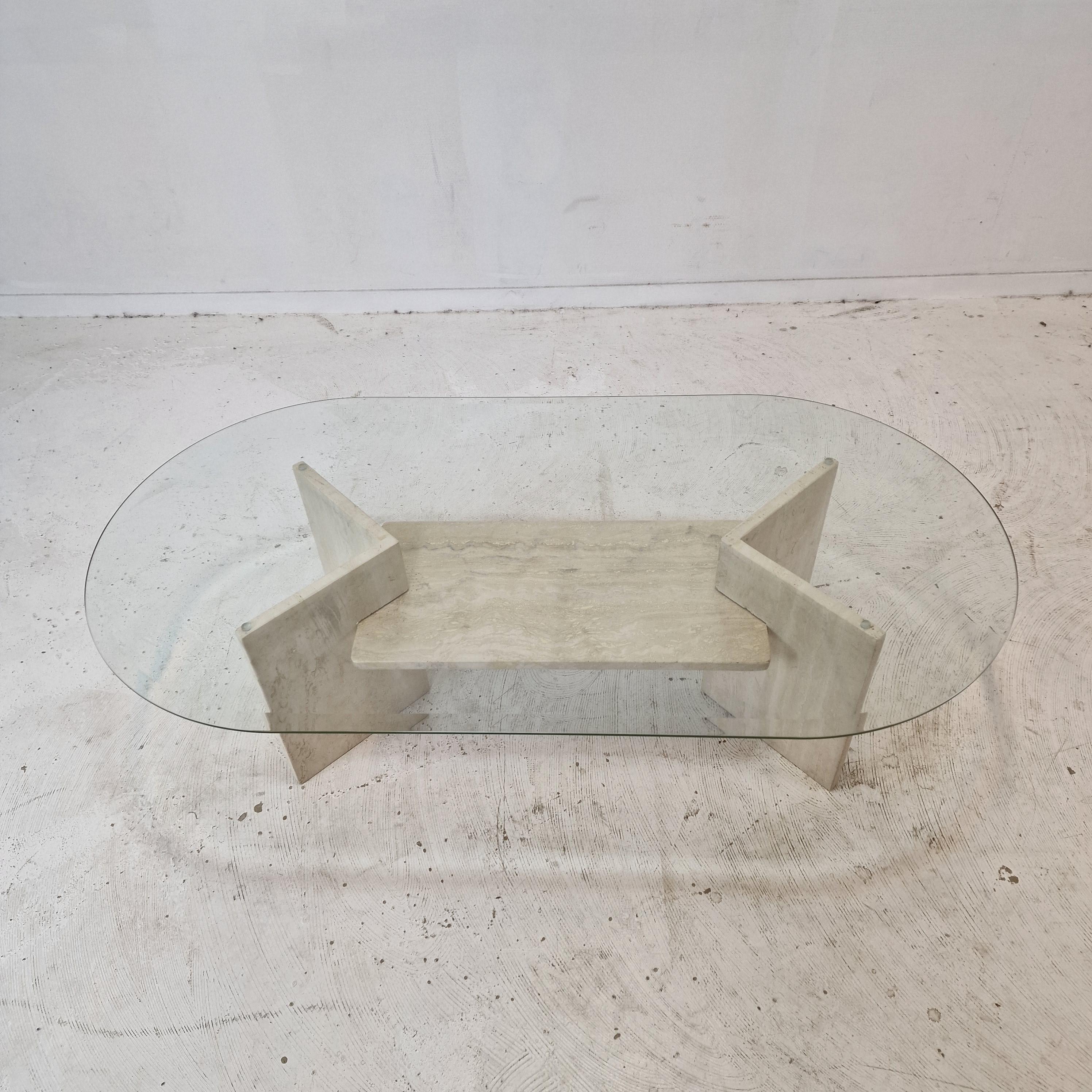 Italian Coffee Table in Travertine and Facet Cut Glass, 1980s For Sale 3
