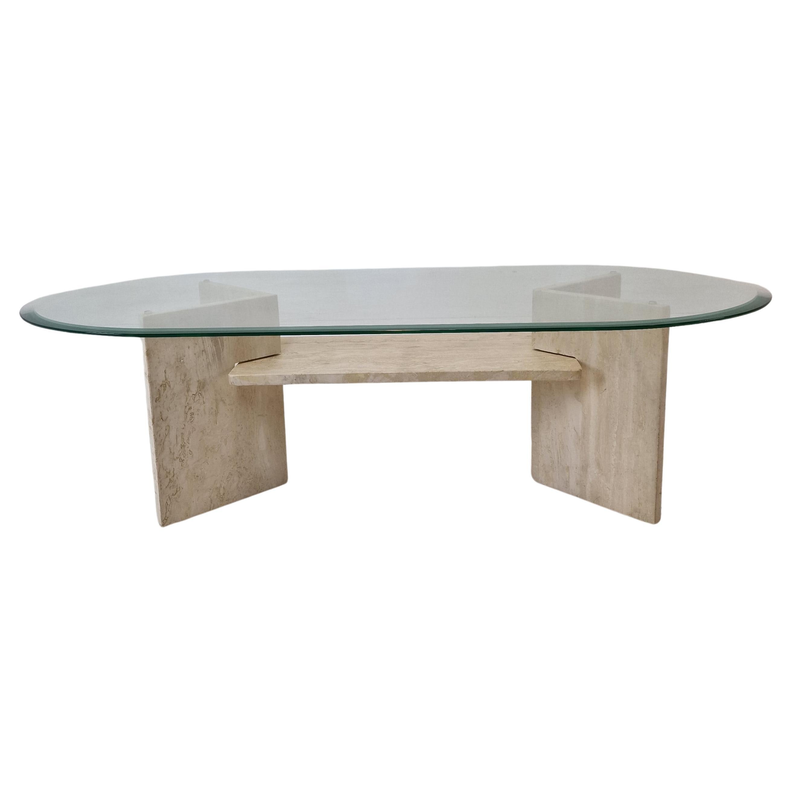Italian Coffee Table in Travertine and Facet Cut Glass, 1980s For Sale