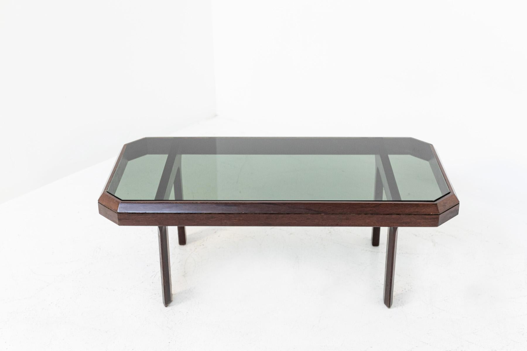 Italian Coffee Table in Wood and Dark Glass In Good Condition In Milano, IT