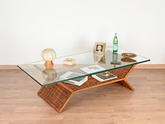 Italian Coffee Table in Woven Rattan and Crystal by Vivai del Sud, Italy 1970