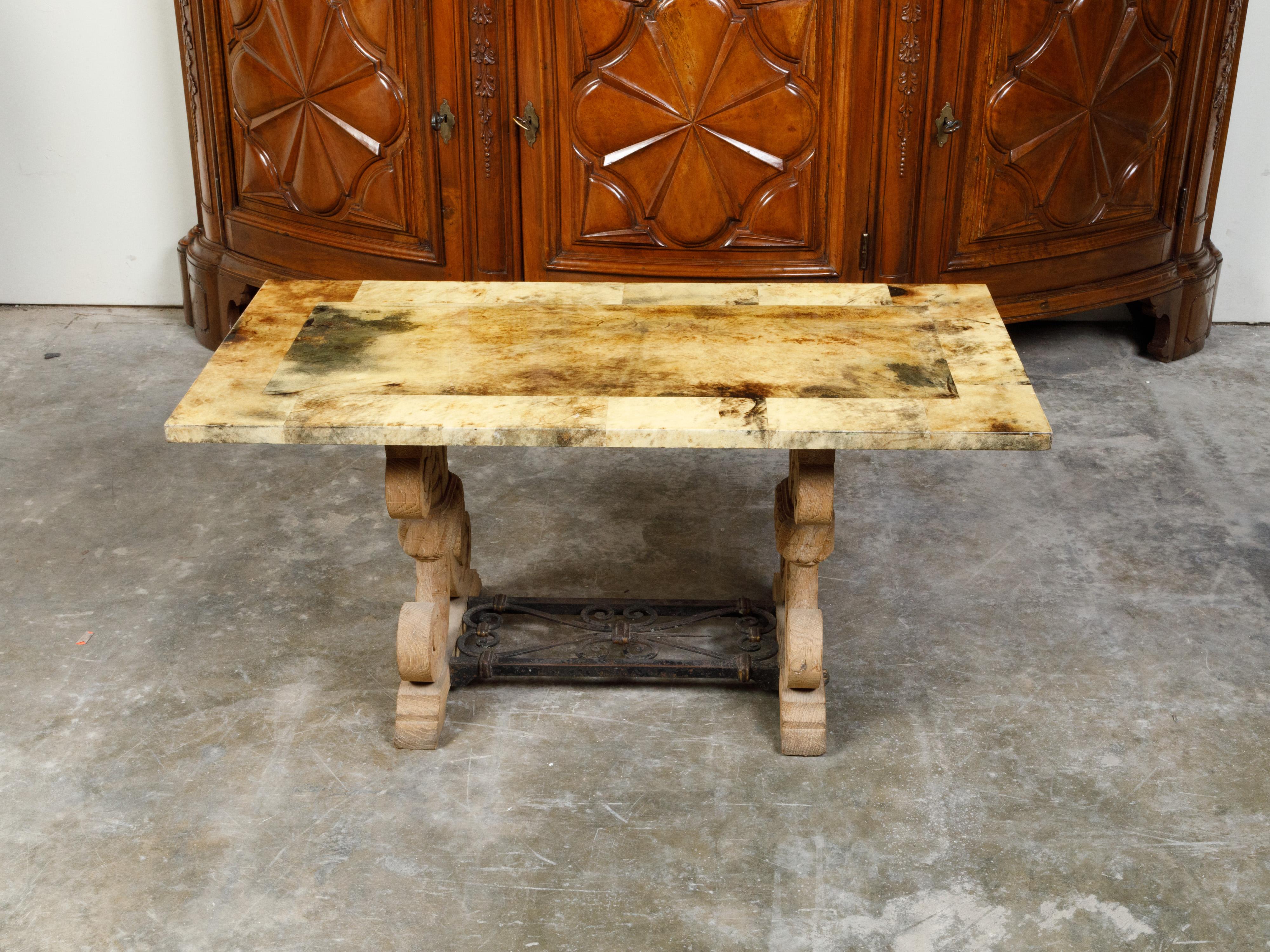 Italian Coffee Table Made of 19th Century Bleached Oak Base and Later Vellum Top For Sale 5