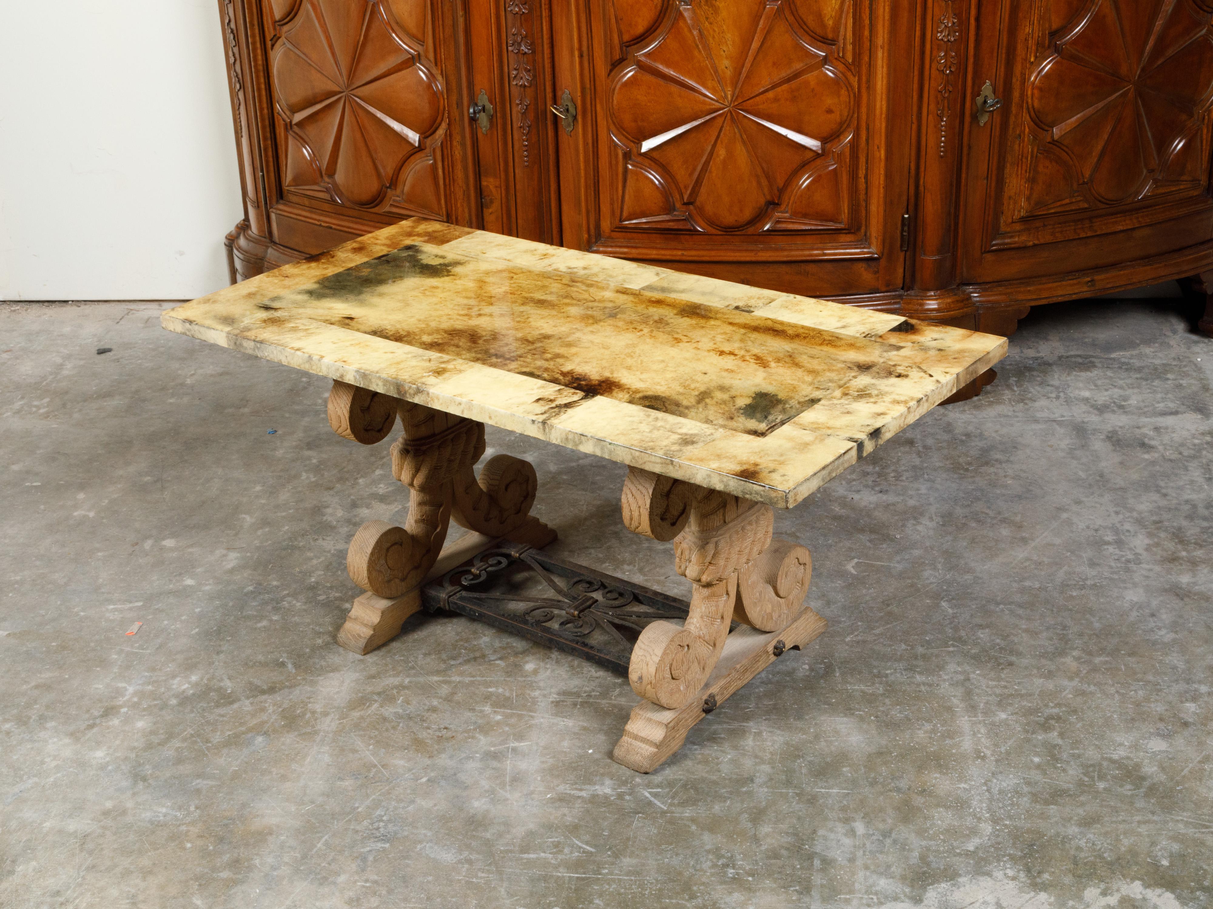 Italian Coffee Table Made of 19th Century Bleached Oak Base and Later Vellum Top For Sale 6