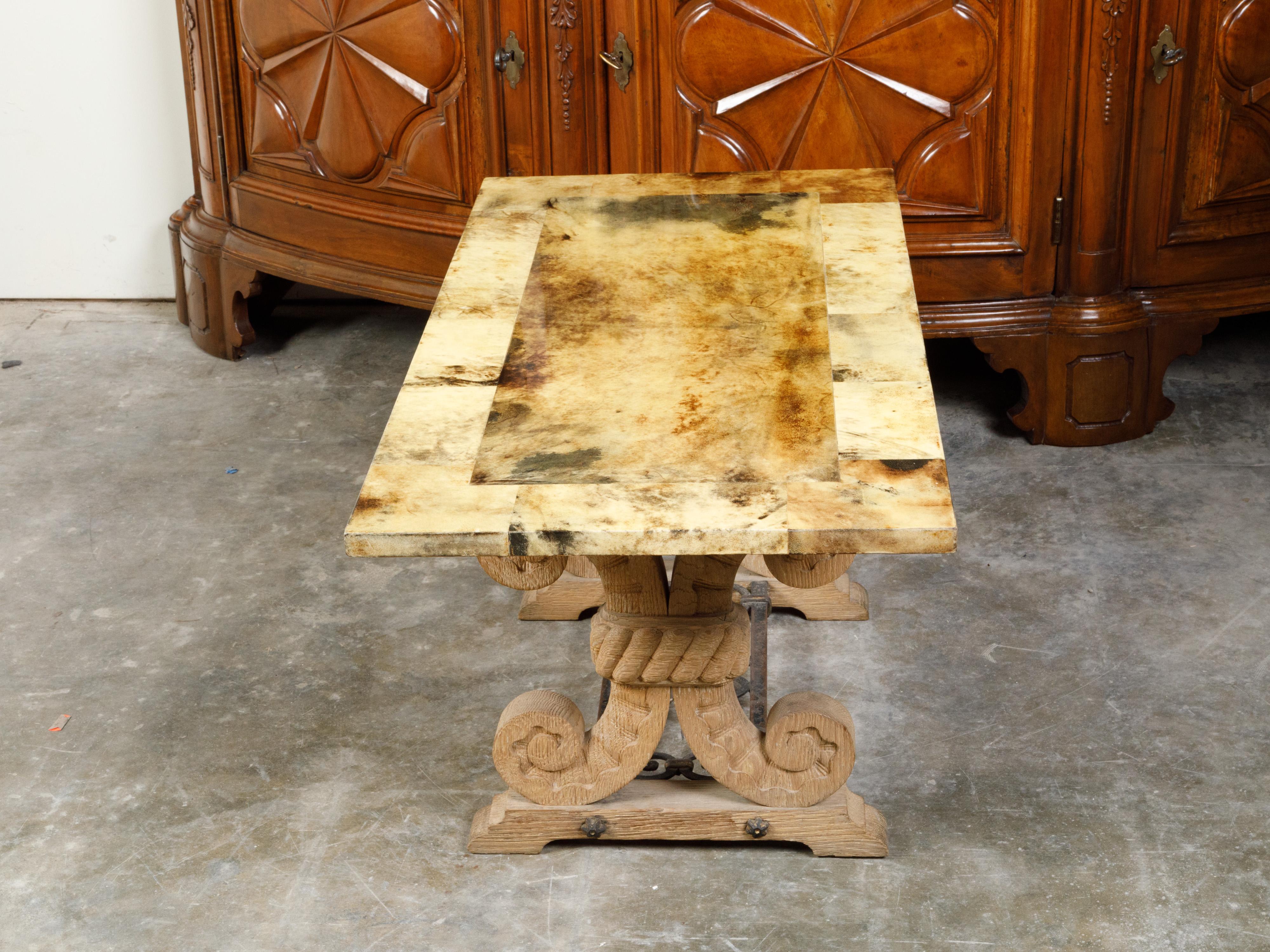 Italian Coffee Table Made of 19th Century Bleached Oak Base and Later Vellum Top For Sale 7