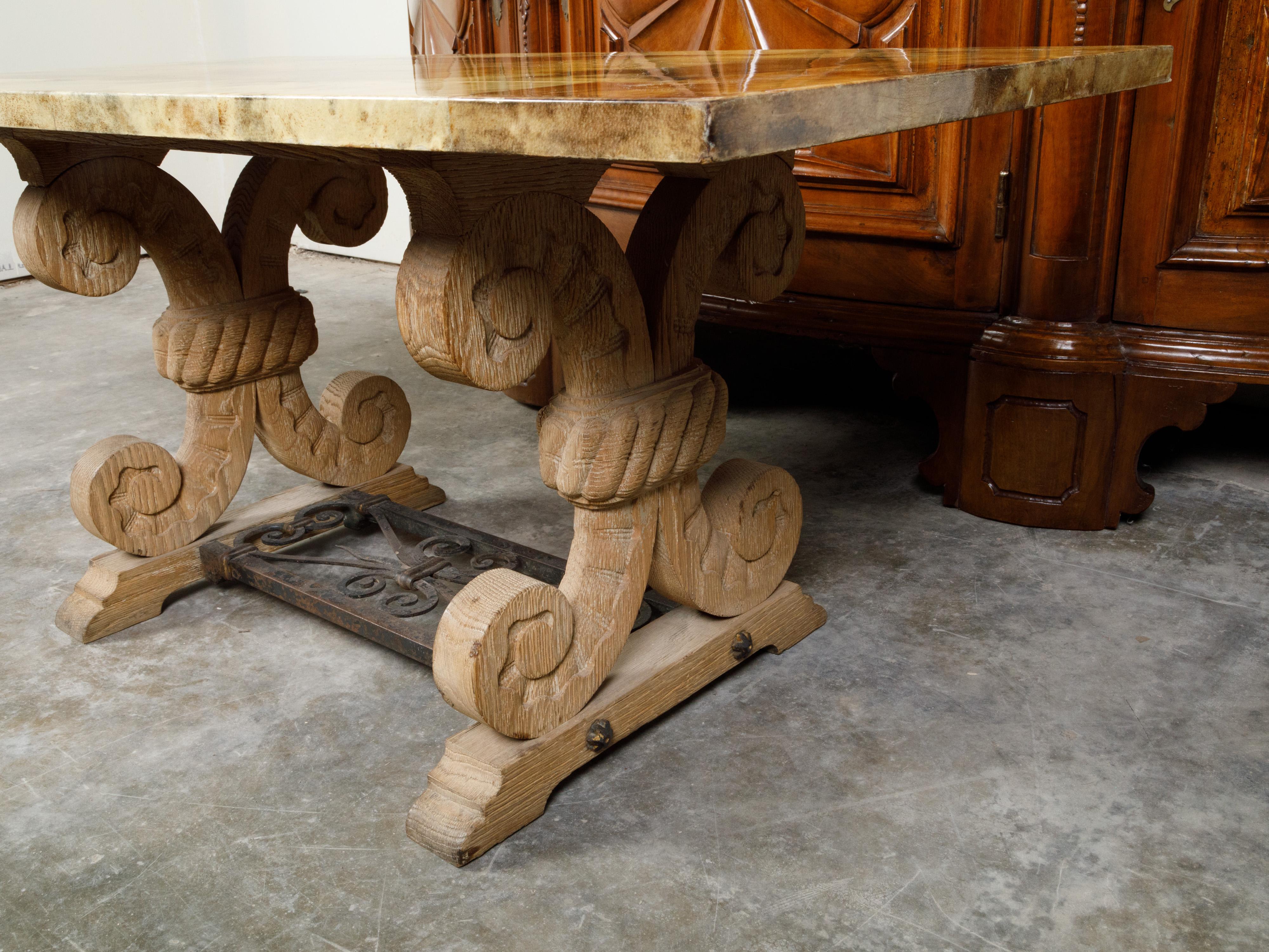 Italian Coffee Table Made of 19th Century Bleached Oak Base and Later Vellum Top For Sale 1