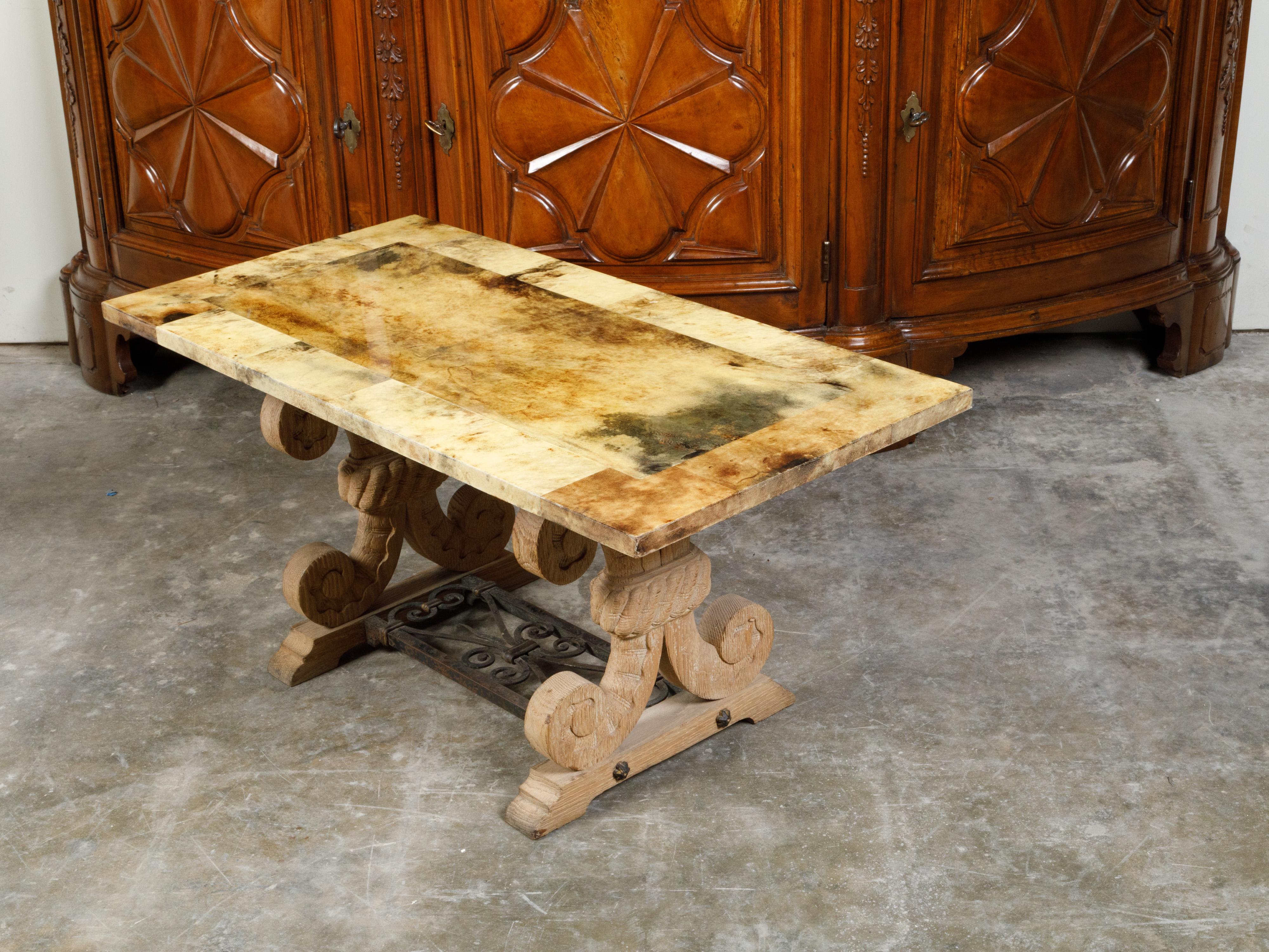 Italian Coffee Table Made of 19th Century Bleached Oak Base and Later Vellum Top For Sale 2