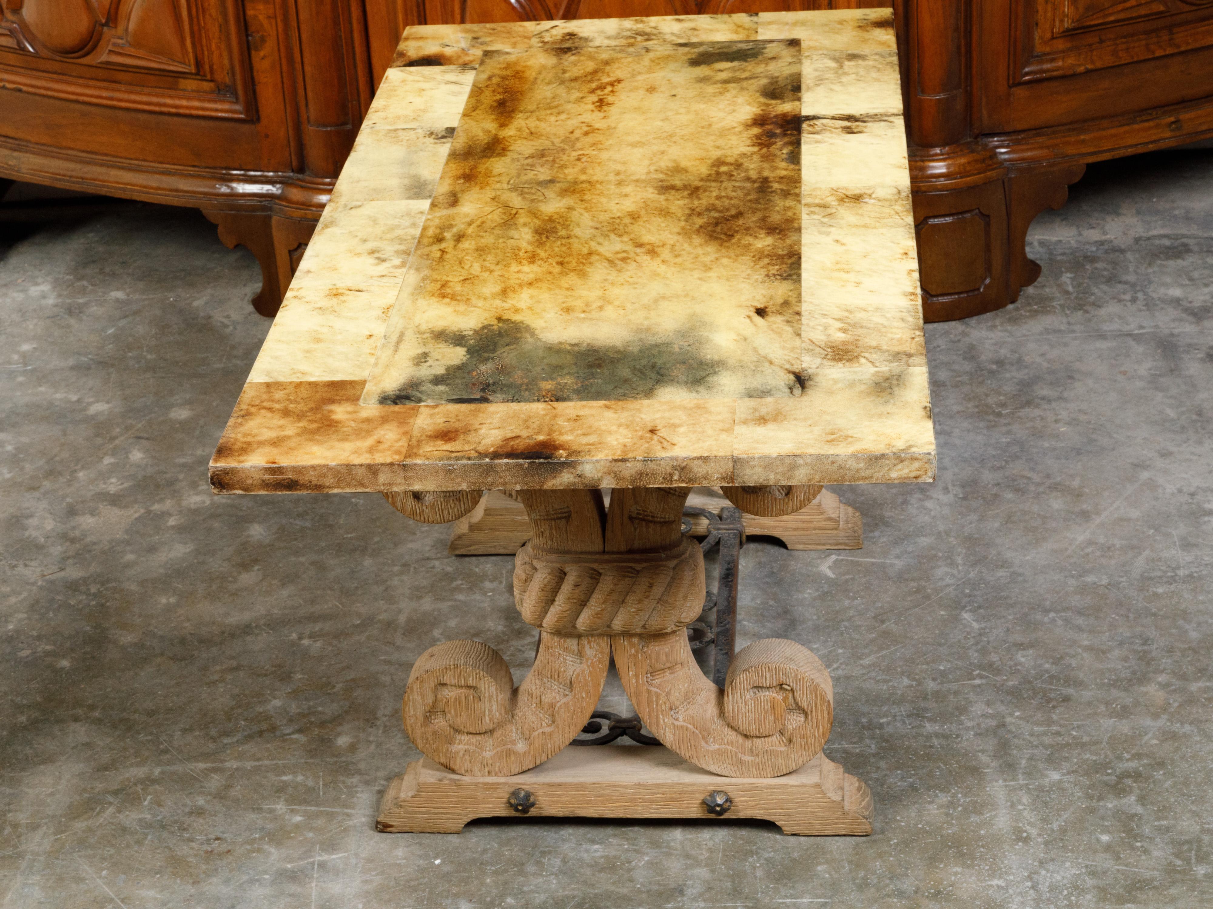 Italian Coffee Table Made of 19th Century Bleached Oak Base and Later Vellum Top For Sale 3